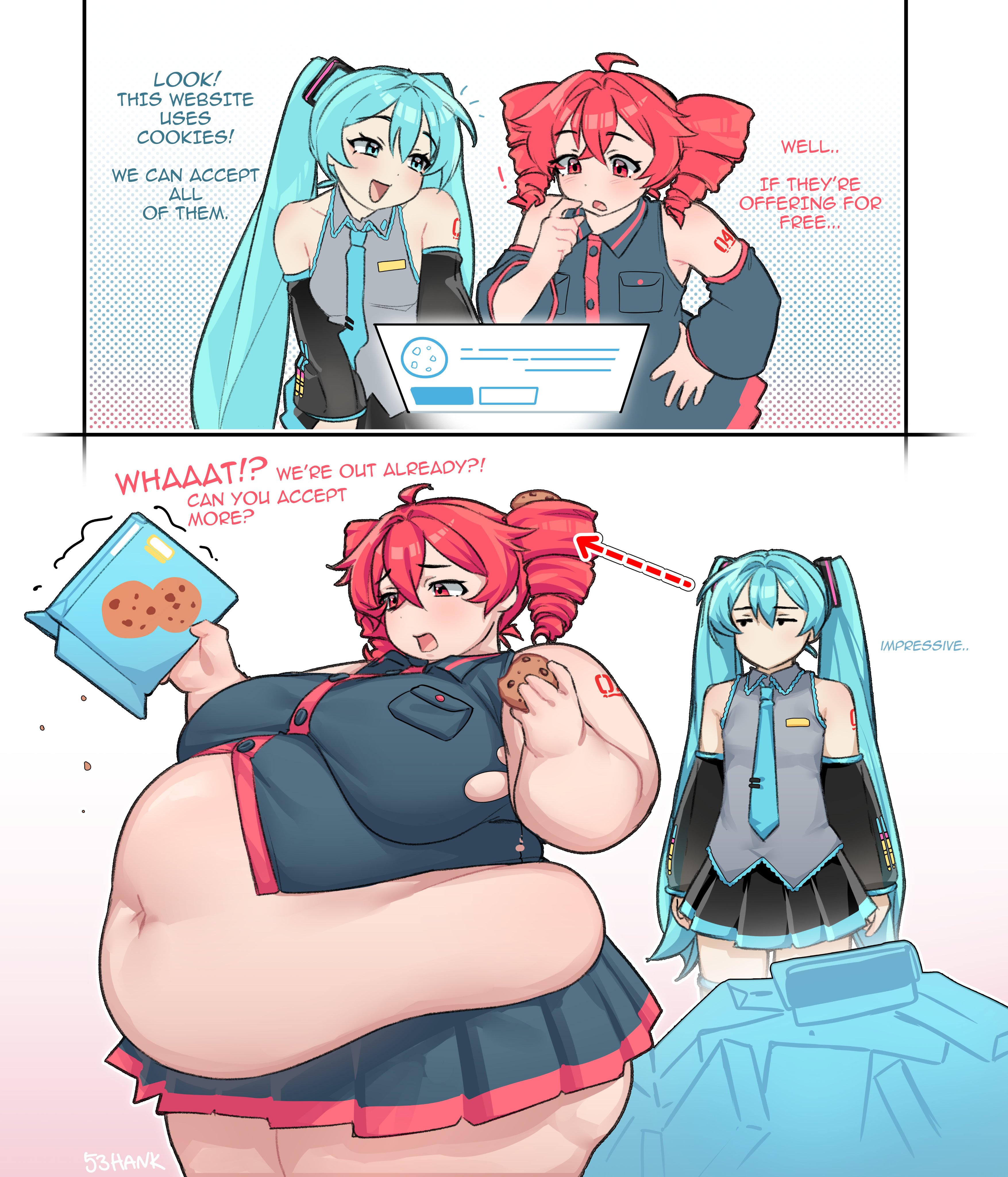 2girls, 53hank, bbw, belly, big breasts, blue hair, breasts, clothing, cookie, english text, fat, fatass teto, female, female only, hatsune miku, huge belly, huge breasts, kasane teto, light skin, light-skinned female, long hair, meme, overweight, red hair, text, torn clothes, utau, vocaloid, weight gain