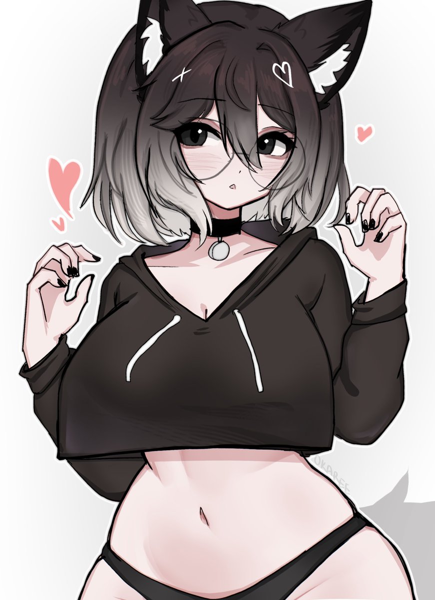 1girls, 2026, animal ears, artist name, belly button, big breasts, black hair, black nail polish, breasts, clothed, clothing, collar, color, colored, crop top overhang, cropped sweater, curvy, digital media (artwork), facial markings, female, female only, glasses, grey hair, hair, hair ornament, heart, hi res, large breasts, light skin, light-skinned female, looking away, multicolored hair, oc, oka (okaree), okaree, original, original character, round glasses, semi nude, short hair, simple background, solo, white background, white hair, wolf ears, wolf girl