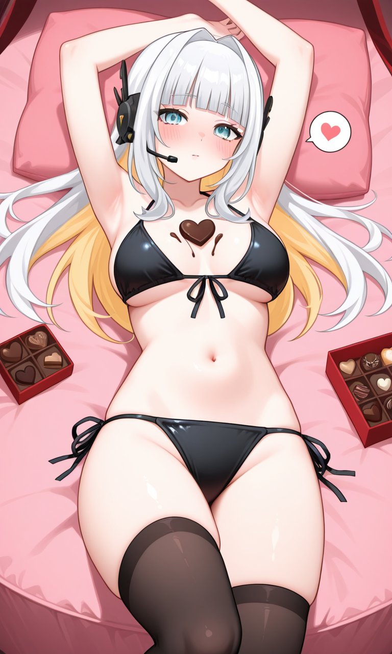 1girls ai_generated areolae armpits bed bedroom bikini black_bikini black_stockings blue_eyes blush breasts chocolate chocolate_on_body curvy curvy_female curvy_figure embarrassed eru_nabura female female_only headset hispanic_virtual_youtuber indie_virtual_youtuber latam_virtual_youtuber legs_apart light-skinned_female light_skin long_hair looking_at_viewer navel stockings thick_thighs thighs two-tone_hair valentine's_day virtual_youtuber vtuber white_hair yellow_hair young younger_female