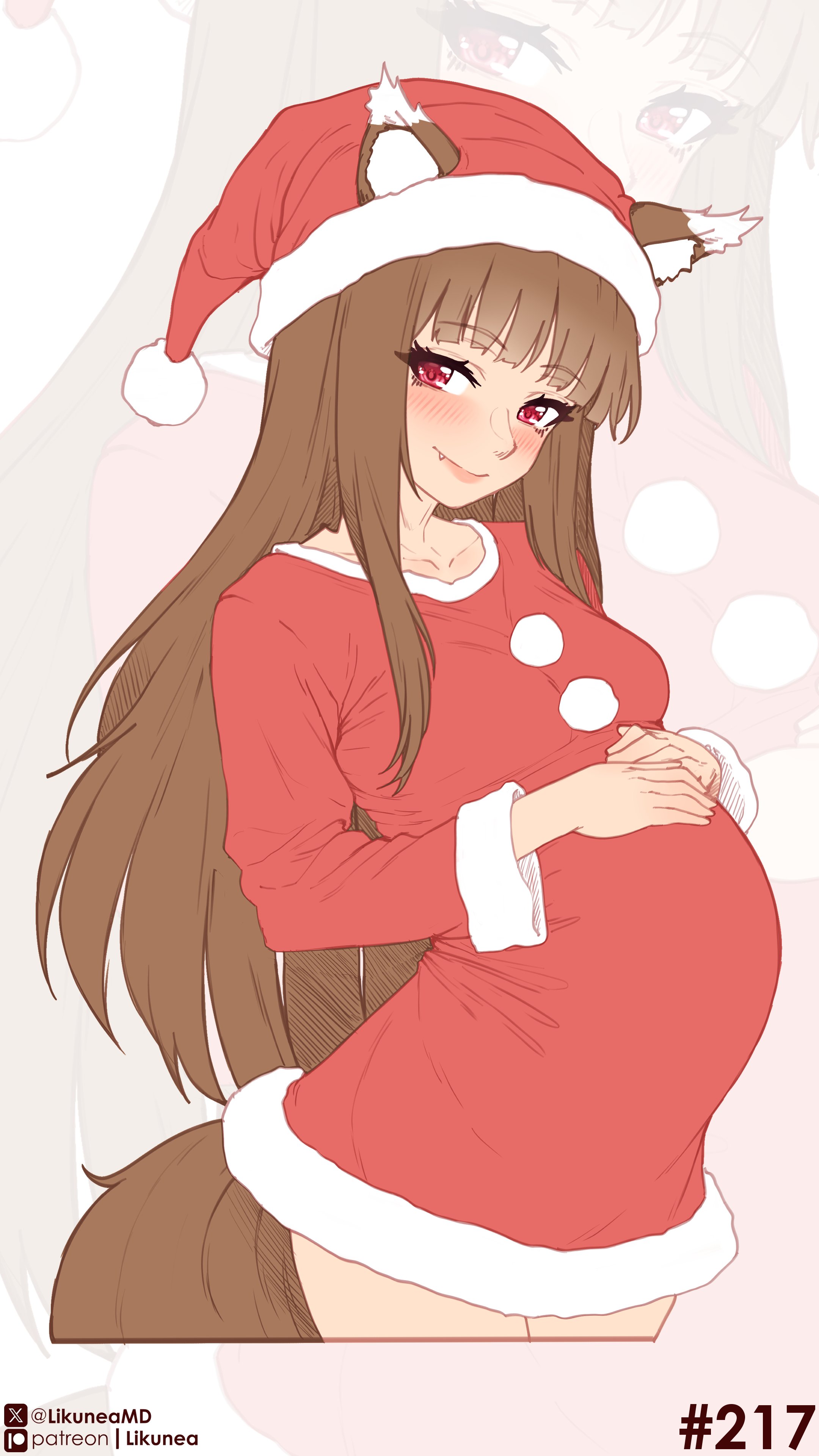 alternate costume, blunt bangs, blush, brown fur, brown hair, canon pregnancy, christmas, christmas outfit, dress, female, female only, fully clothed, holo, likunea, looking at viewer, oerba yun fang, pregnant, red eyes, santa hat, smile, solo, spice and wolf, wholesome, wolf ears, wolf girl, wolf tail