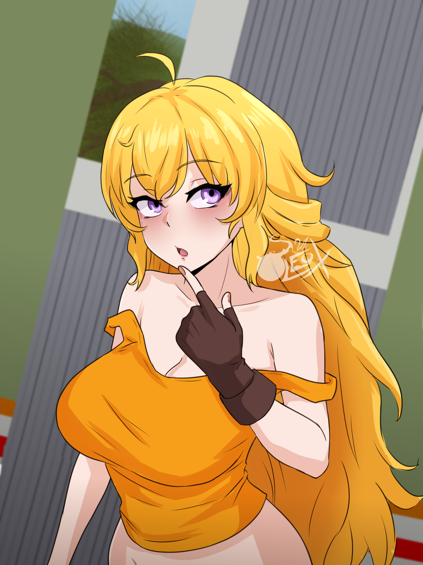 1girls, big breasts, blonde female, blonde hair, bottomless, busty, cleavage, female, female only, finger to mouth, fingerless gloves, fingers, half naked, half naked female, half-closed eyes, half-dressed, hi res, large breasts, leux 21, long hair, no pants, open mouth, outdoors, pantless, purple eyes, questionable, rwby, sleeveless shirt, solo, solo female, tongue, upper body only, yang xiao long