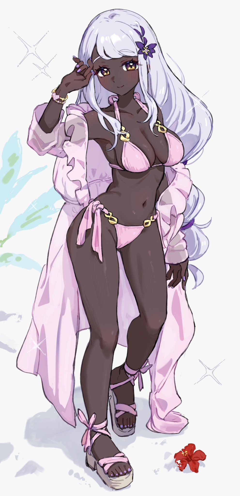 1girls, bikini, blush, bracelet, breasts, cleavage, color, eyebrows visible through hair, flower, flower in hair, footwear, hair tie, jacinthe (pokemon), jewelry, lighting, long hair, looking at viewer, multicolored eyes, open toe footwear, open toe shoes, painted nails, partially clothed, pink bikini, pokemon, pokemon legends: z-a, purple eyes, purple nails, robe, sandals, smile, solo, standing, tied hair, very long hair, white background, white hair, yellow eyes, yomizu (rdad3278), yukari (pokemon)