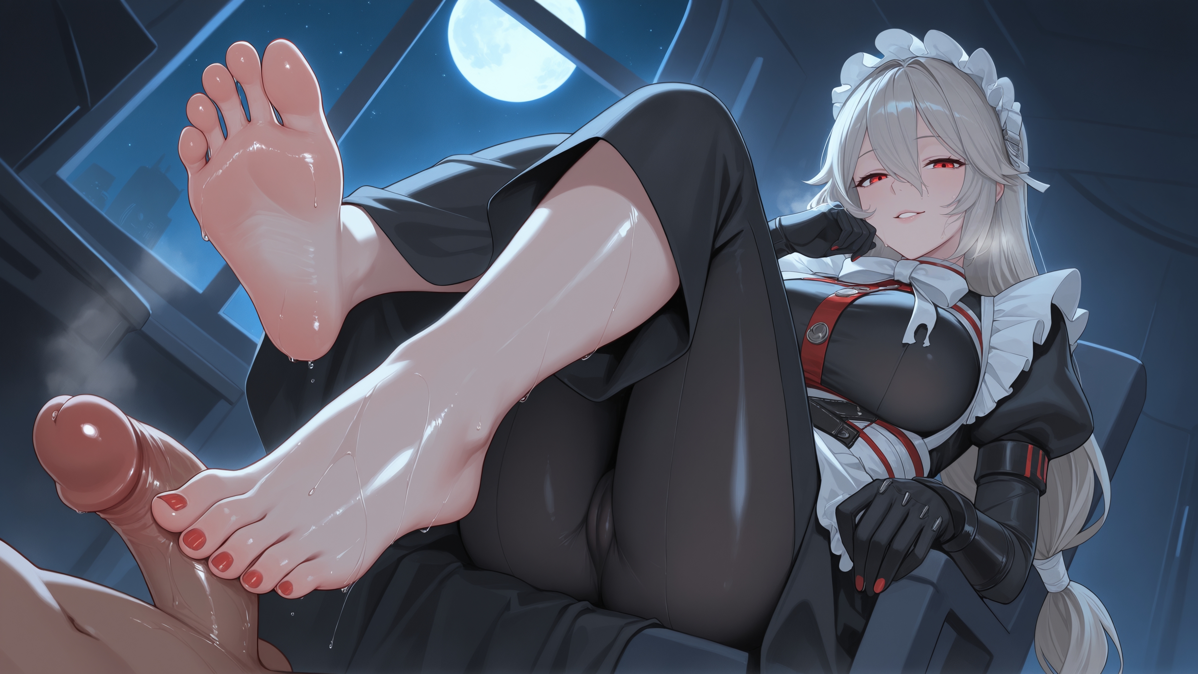 1boy, ai generated, alexandrina sebastiane, apron, barefoot, black dress, black gloves, blush, breasts, cum on body, dress, erection, erosaga, feet, female, foot fetish, footjob, full moon, gloves, hair between eyes, long hair, low-tied long hair, maid, maid apron, maid headdress, moon, moonlight, nail polish, night, night sky, penis, puffy sleeves, red eyes, red nails, sky, smile, soles, solo focus, straight, testicles, toenail polish, toenails, toes, two-footed footjob, uncensored, very long hair, window, zenless zone zero