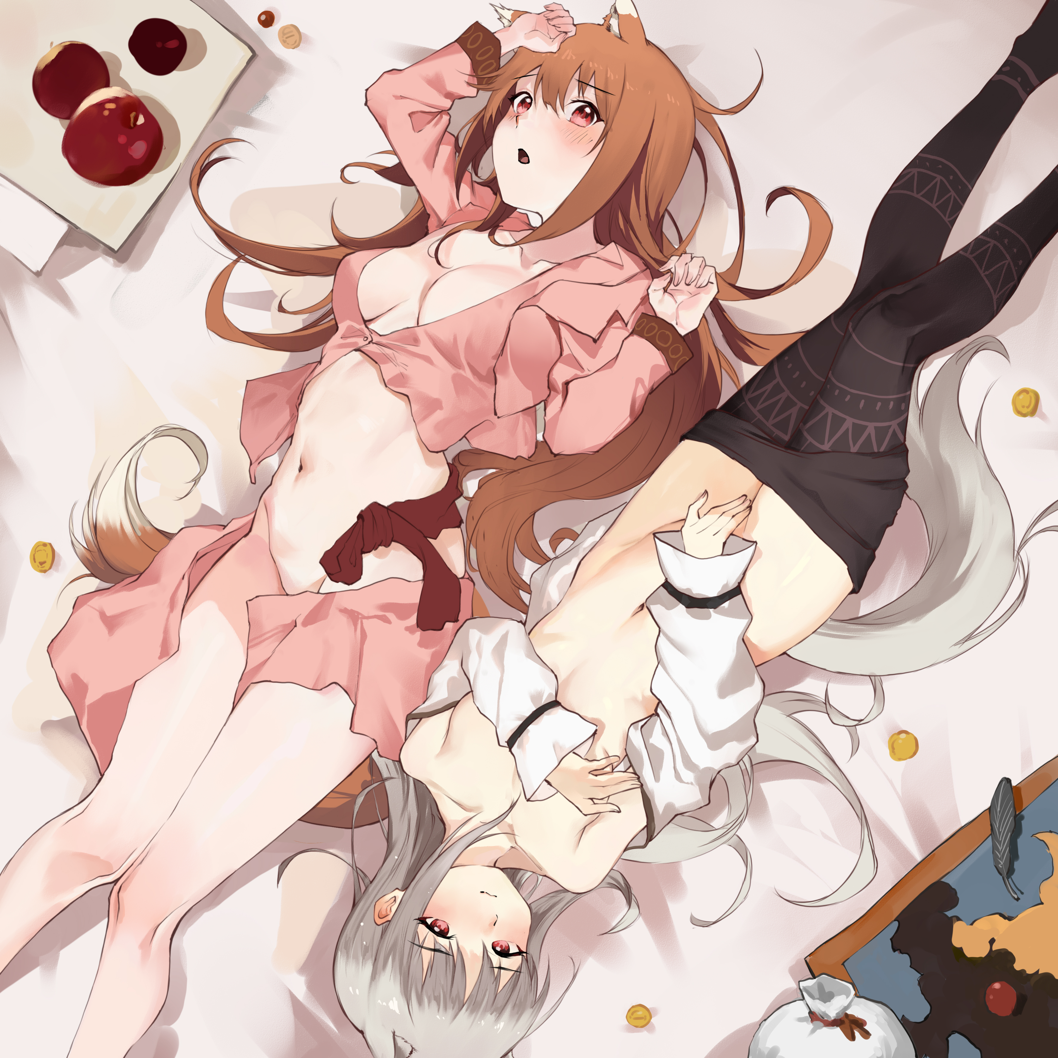 2girls, blush, bottomless, breasts apart, brown hair, covering crotch, covering self, female, female only, grey hair, holo, kemonomimi, long hair, looking at viewer, medium breasts, mother and daughter, myuri (spice and wolf), no bra, on back, owl (ddap), parent and child, red eyes, small breasts, spice and wolf, stockings, tights, wolf ears, wolf girl, wolf tail