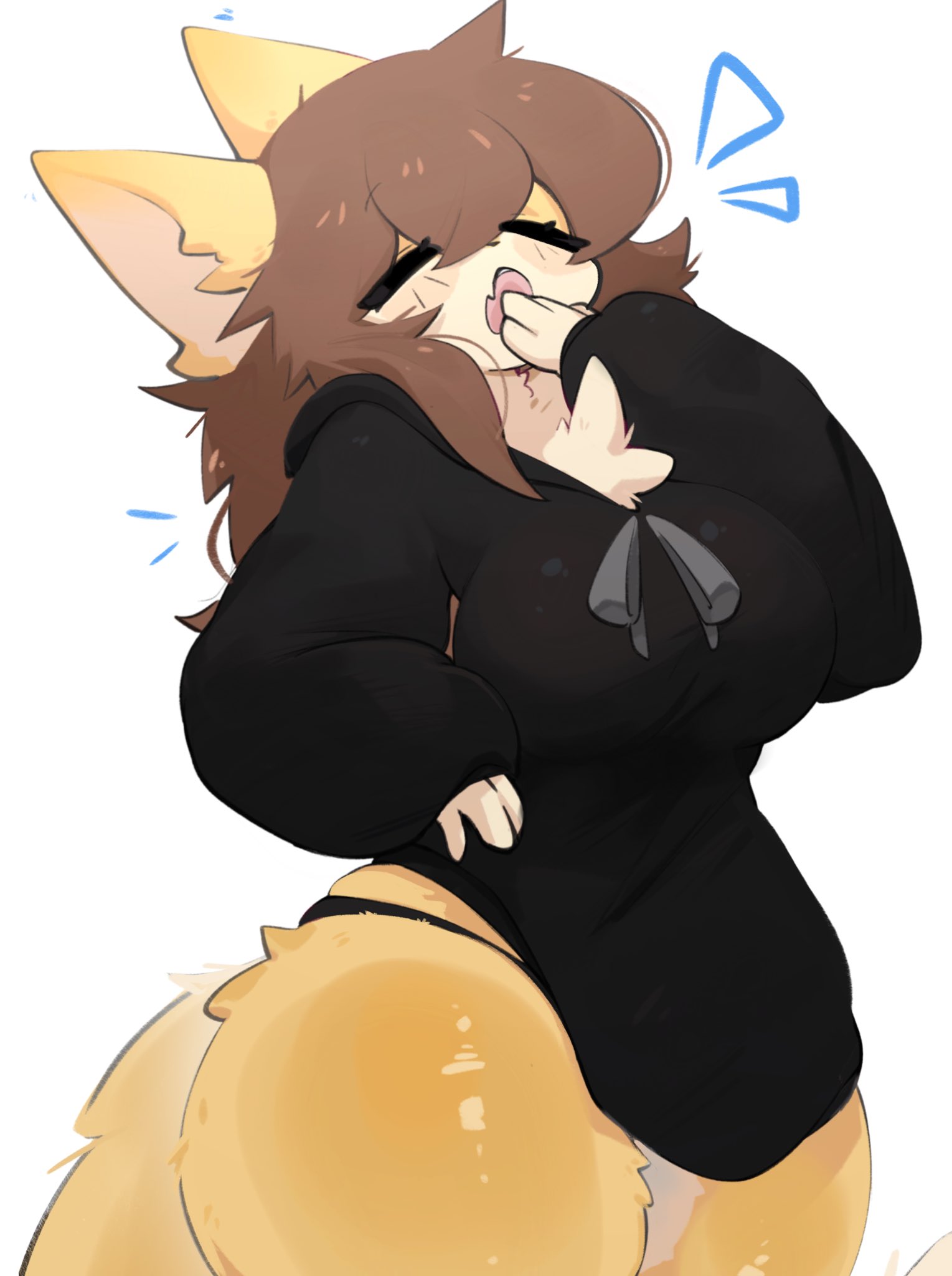 1girls, 2025, anthro, big breasts, black hoodie, cat humanoid, female, female only, furry, furry female, furry only, makonekko, oc, original character, sleepy, solo, tagme, thick thighs, yellow fur