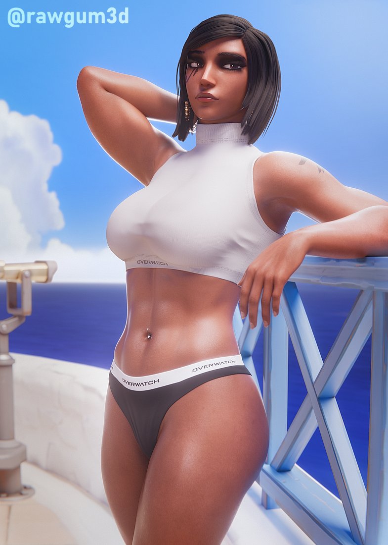 1girls 3d 3d_(artwork) belly belly_button belly_piercing big_breasts black_hair black_panties bottomwear breasts brown_eyes crop_top ear_piercing earrings female female_only hair hand_behind_head lips overwatch panties pharah pierced_belly_button piercing rawgum short_hair solo solo_female thighs topwear underwear white_crop_top