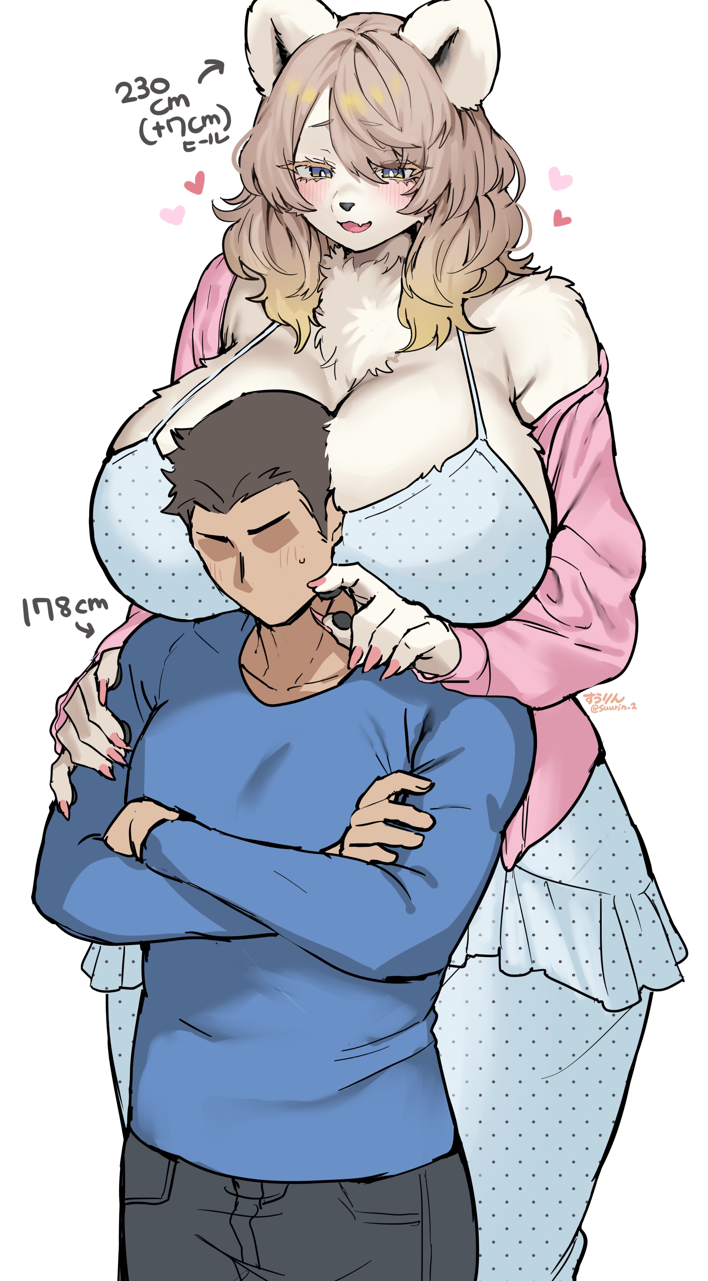 1boy, 1girls, 2d, 2d (artwork), anthro, anthro female, big breasts, bigger female, breasts, clothed, clothed female, clothed male, furry, furry female, height difference, huge breasts, human, human male, large boobs, large breasts, larger female, mature female, size difference, smaller male, suurin 2, taller girl