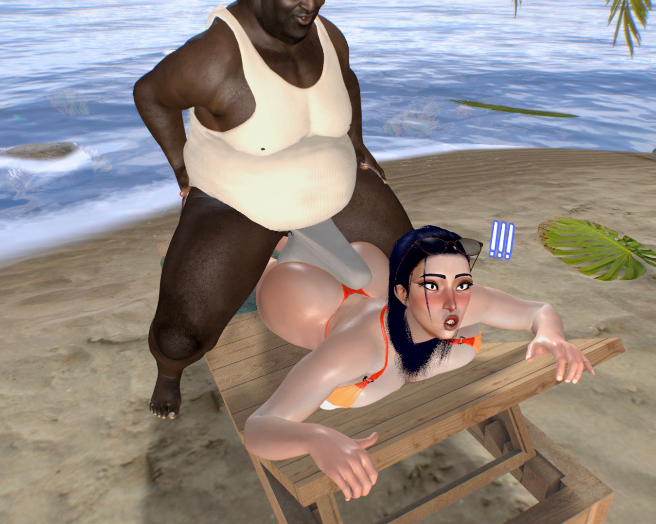 1boy, 1boy1girl, 1girl, 3d, 3d (artwork), amateur artist, angry face, arcane, arcane caitlyn, beach, blushing, caitlyn (league of legends), caitlyn kiramman, dark blue hair, dark-skinned male, dialogue, erect penis, erection under clothes, female, laying on back, league of legends, lesbian pride bikini, lesbian pride colors, lesbian with male, maika, male, original artwork, penis between ass, sand, shocked expression, standing, sunbed, text, ugly bastard, underwear