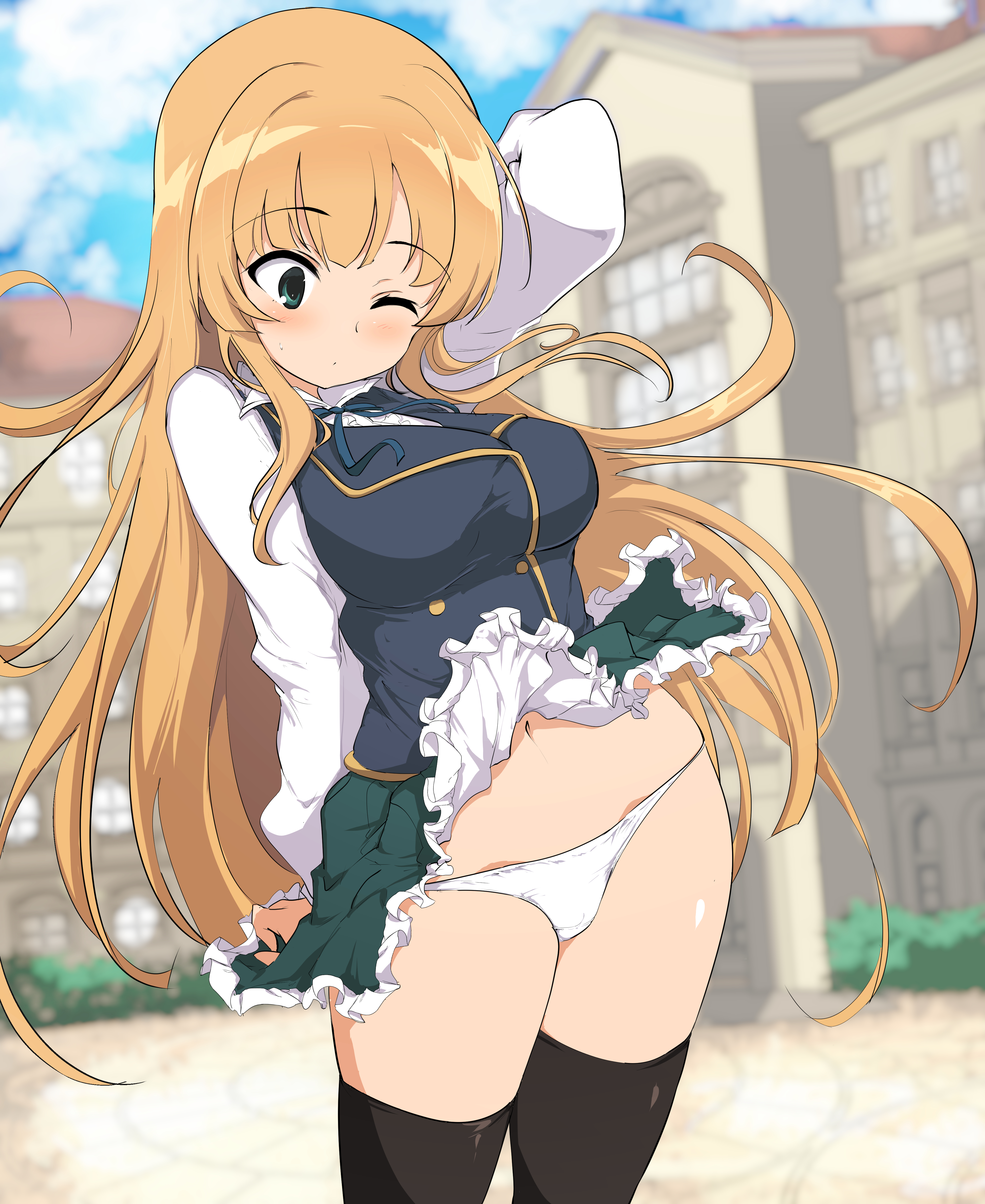anne (shingeki no bahamut), black thighhighs, breasts, flashing, flashing panties, green skirt, large breasts, long hair, long hair female, miniskirt, momio, one eye closed, orange hair, panties, school uniform, shingeki no bahamut, skirt lift, skirt up, standing, thighhighs, underwear, white panties, white underwear, wind, wind lift