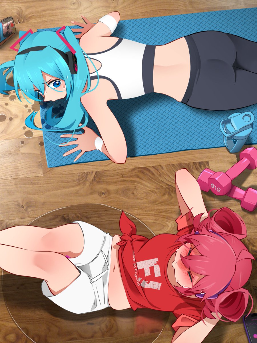 blue hair, blush, chubby female, concerned look, dumbbell, headphones, khyleri, looking pleasured, pink hair, push-up, pussy juice drip through clothes, pussy juice puddle, recording, secret masturbation, sit-ups, stealth masturbation, sweat, sweating, unaware, utau, vaginal fluids, vaginal juices, vibrator in pussy, vibrator under clothes, vocaloid, wet floor, working out, workout, worried, worried expression, yoga mat