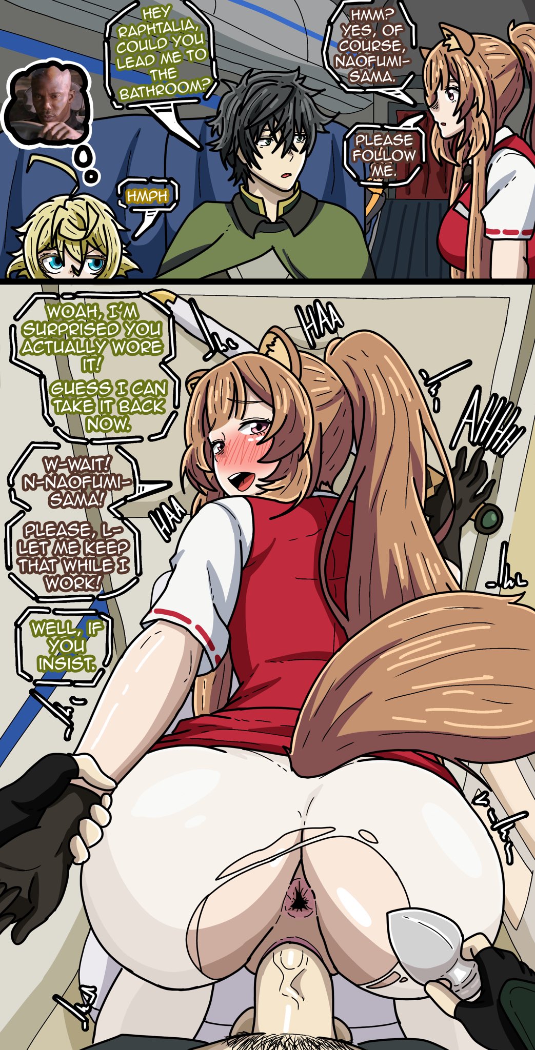animal ears, animal tail, apoelayoshi7, arm grab, ass, asshole, black gloves, black pubic hair, blush, breasts, brown eyes, brown eyes female, brown hair, butt, butthole, buttplug, có, clothed sex, clothing, doggy, doggy position, doggy style, doggy style position, doggy style sex, doggystyle, doggystyle position, english text, eyebrows visible through hair, female, flight attendant, from behind, gloves, isekai quartet, iwatani naofumi, long hair, male, male pubic hair, meme, neck bow, neck ribbon, no panties, open mouth, penetration, penis, pubic hair, pussy, raccoon girl, raphtalia, sex, sex toy, spread legs, stewardess, tail, tanya degurechaff, tate no yuusha no nariagari, text, the rising of the shield hero, thick thighs, thighs, torn clothes, vagina, vaginal penetration, white legwear, woman, youjo senki