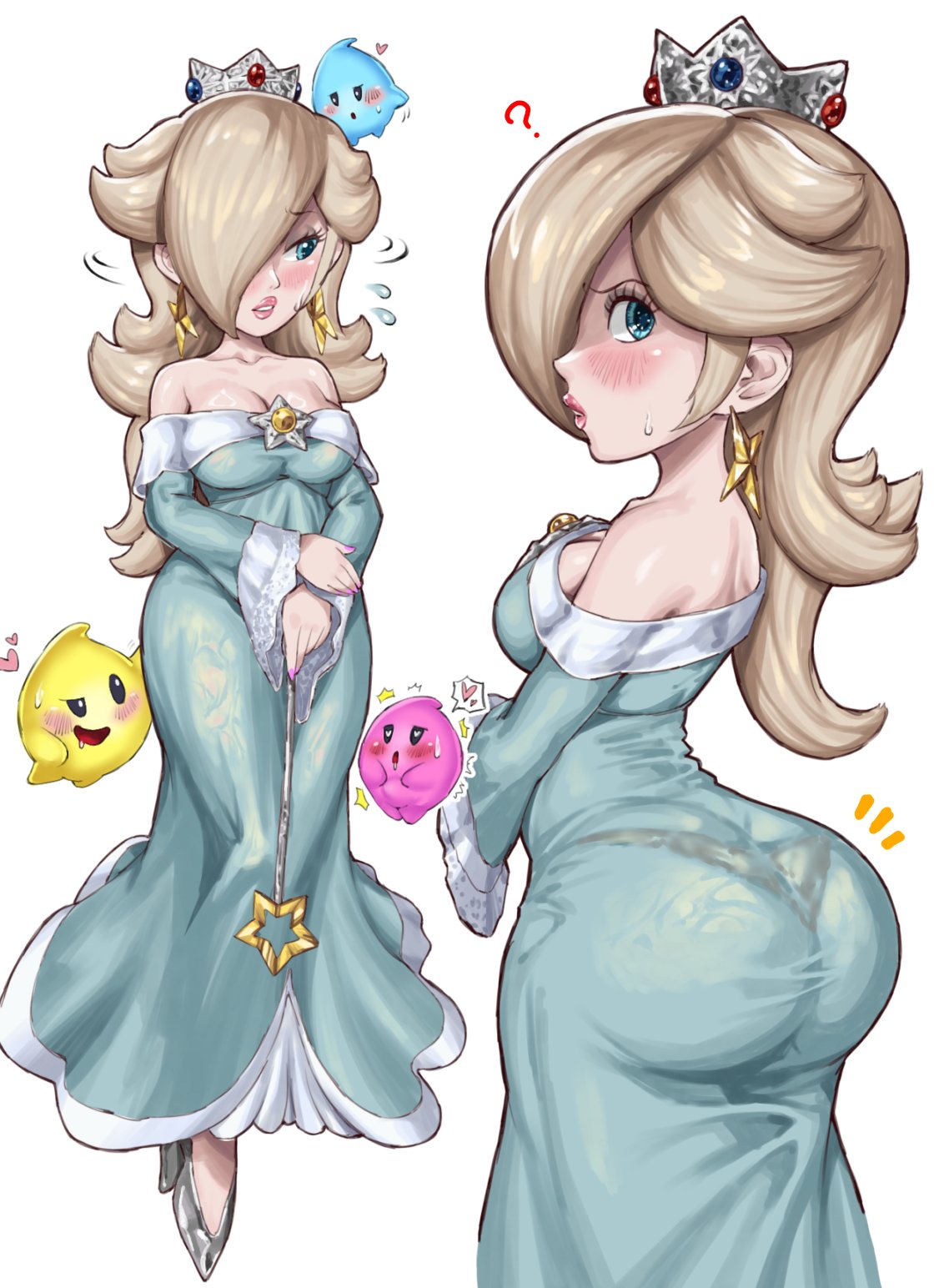 ?, 1girls, ass, ass shot, big ass, black panties, blonde hair, blue dress, blush, breasts, bubble ass, bubble butt, cleavage, close-up, close-up ass, clothing, crown, dat ass, dress, ear piercing, earrings, embarrassed, female, female focus, female only, footwear, full body, hair, hair over one eye, half-closed eyes, hand on thigh, headwear, heart, heart-shaped pupils, heels, high heels, holding object, huge ass, lips, long hair, looking back, luma, mario (series), medium breasts, motion lines, nail polish, nails, nintendo, panties, panties visible through clothing, pantylines, parted lips, pink nail polish, pink nails, princess rosalina, princess rosalina (movie), question mark, side view, sideboob, star, star earrings, stars, super mario galaxy (2026 film), wand, white background, yamino ekakinin