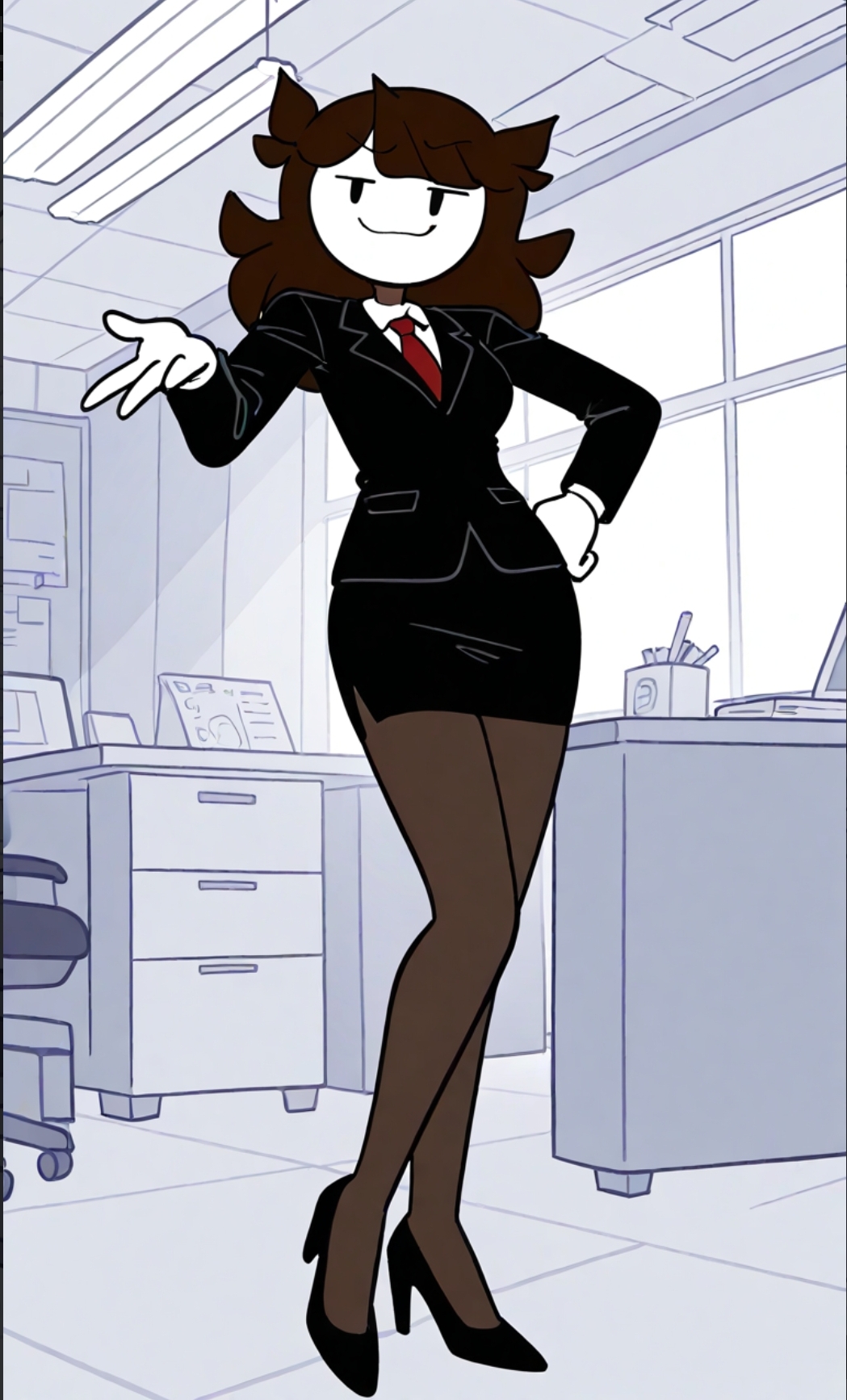 1girls, ai generated, black eyes, boss, boss and employee, brown hair, desk, employee, female, female focus, female only, heels, jaiden, jaiden (jaiden animations), jaiden animations, jaidenanimations, job, light skin, light-skinned female, looking at viewer, office, office lady, pencil, secretary, smile, smiling, smiling at viewer, taller female, taller girl, white body, white skin, window, working