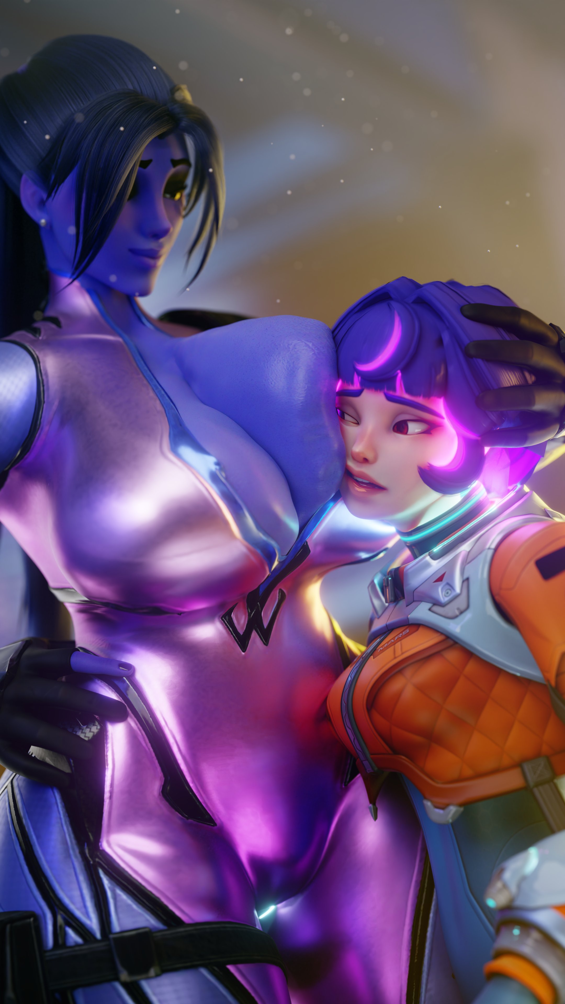 2girls, 3d, 3d (artwork), absurd res, big breasts, breast press, cleavage, clothed, clothing, dej arts, dutch angle, glowing, highres, huge breasts, hugging, implied yuri, juno (overwatch), large breasts, light skin, light-skinned female, overwatch, overwatch 2, pink hair, purple body, purple hair, red eyes, scrag boy (model), scrag widowmaker, short hair, size difference, smaller female, standing, tight clothing, two-tone hair, widowmaker, yuri
