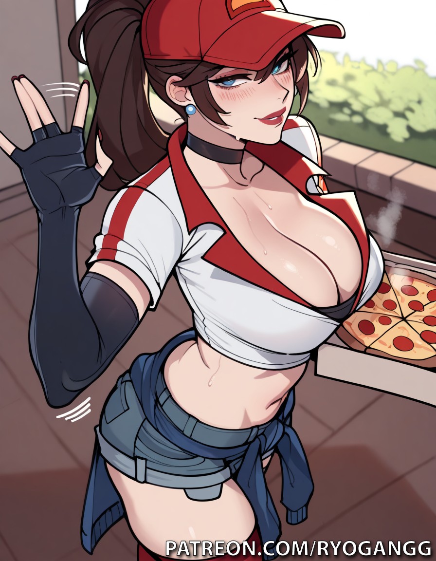1female, 1girls, 2d, 2d (artwork), ai generated, baseball cap, big breasts, blue eyes, breasts, brown hair, cleavage, cleavage cutout, female, high resolution, highres, hotpants, large breasts, large tits, league of legends, light skin, light-skinned female, patreon, patreon username, pizza box, pizza delivery girl, pizza delivery sivir, ponytail, ryogangg, sivir, thighhighs, thighs, uniform, uniform female, work clothes, work uniform