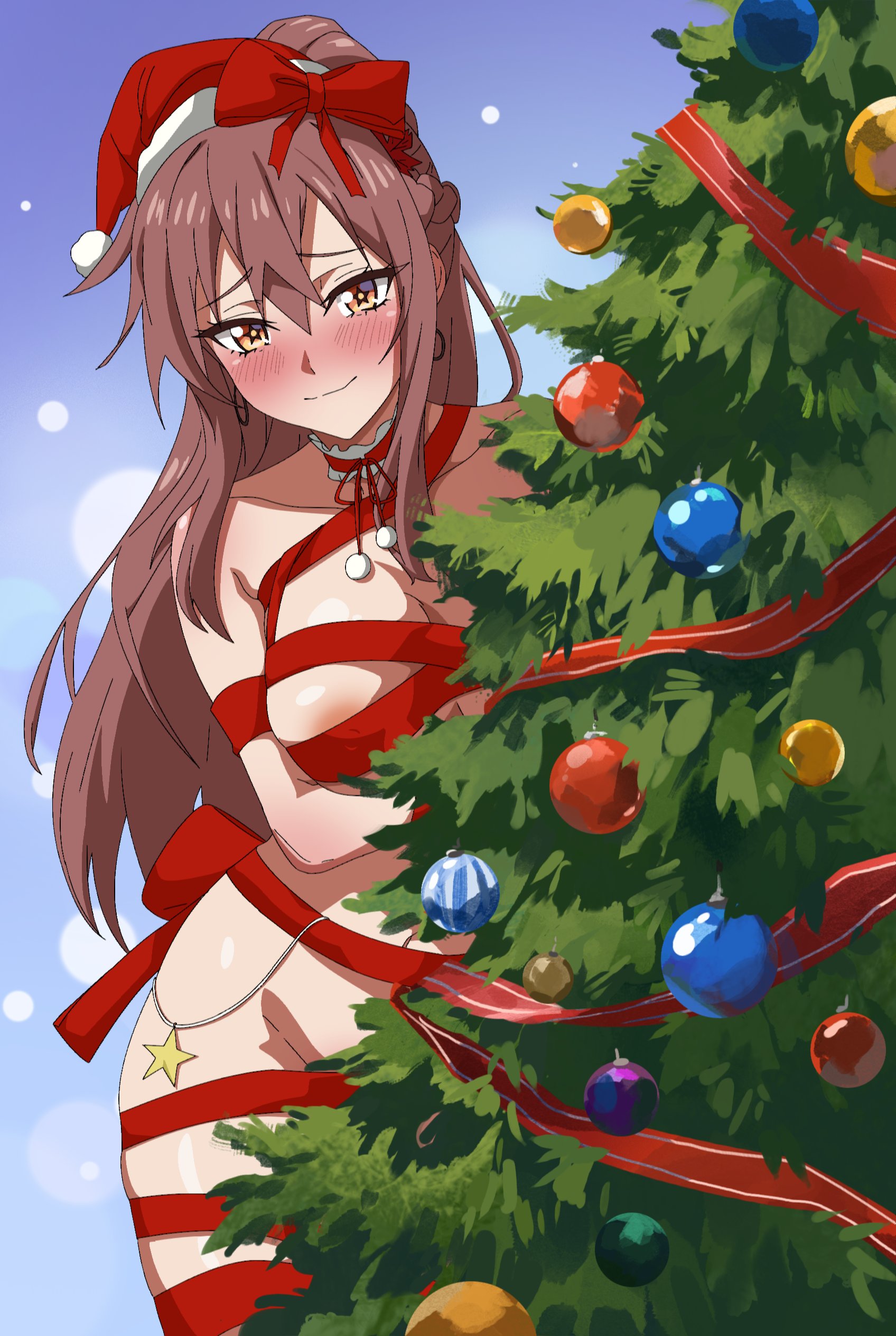 1girls, areola slip, blue background, bow, breasts, brown hair, choker, christmas ornaments, christmas tree, collarbone, frilled choker, frills, furrowed brow, hat, large breasts, long hair, looking at viewer, maple-chan, maplestar, naked ribbon, orange eyes, original, red bow, red choker, red hair, red ribbon, ribbon, santa hat, sidelocks, smile, snow, solo, standing, star (symbol), star-shaped pupils, symbol-shaped pupils, thighs, wide hips