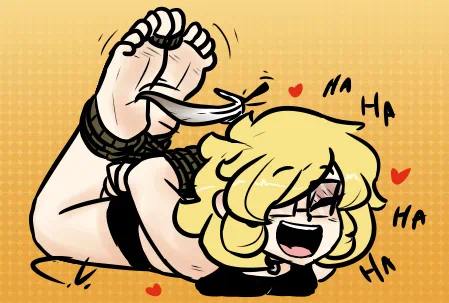1girls ankles_tied arms_tied arms_tied_behind_back bikini blonde_hair blush cute feathers feet glasses heart laugh laughing necklace original_character soles tickling toes_tied