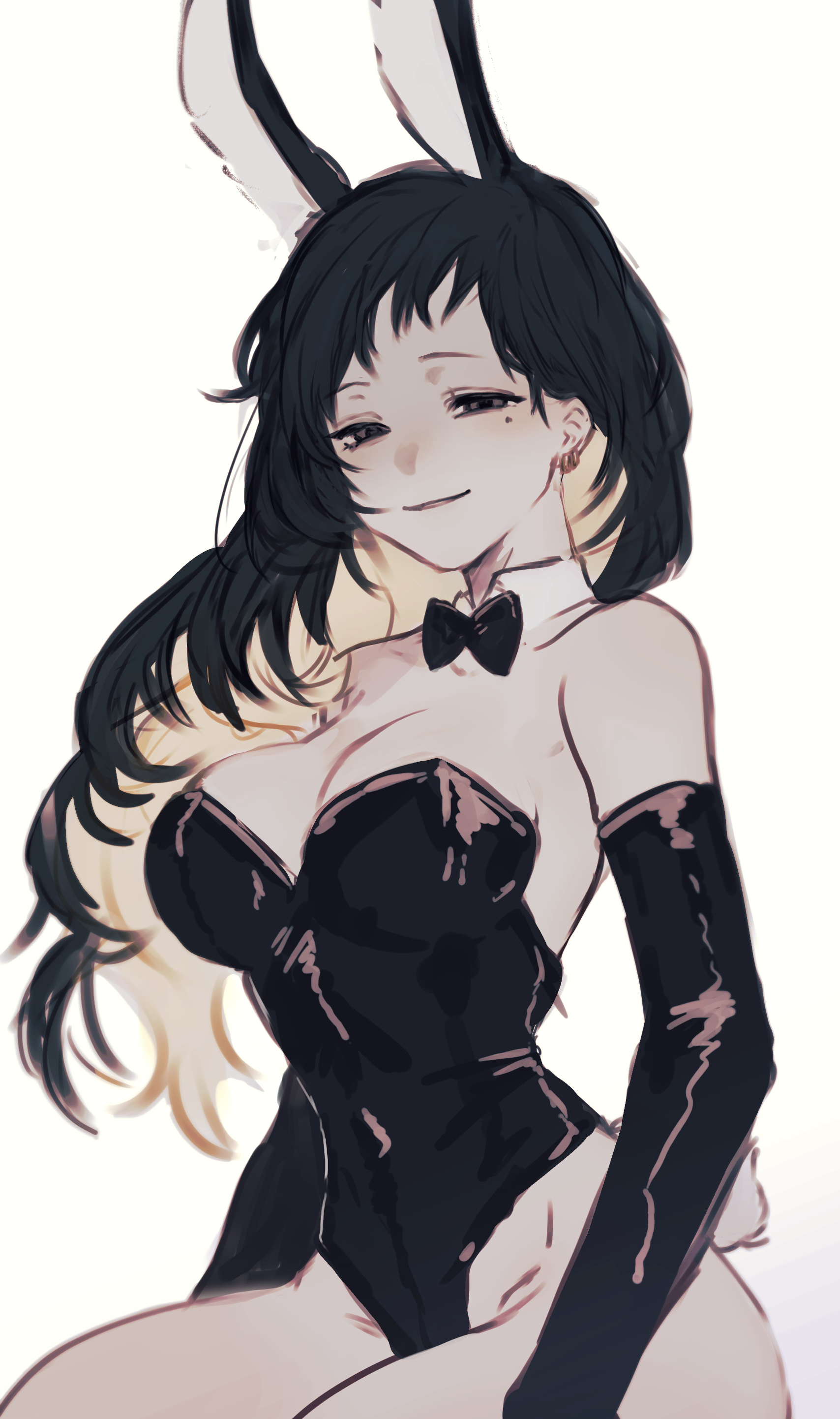 1girl, 1girls, arbiter, big boobs, big breasts, binah, binah (lobotomy corporation), binah (project moon), black bow, black bowtie, black hair, boobs, bowtie, breasts, bunny ears, bunny girl, bunny tail, bunnysuit, library of ruina, lobotomy corporation, mole under eye, project moon, simple background, smile, solo, solo female, thighs