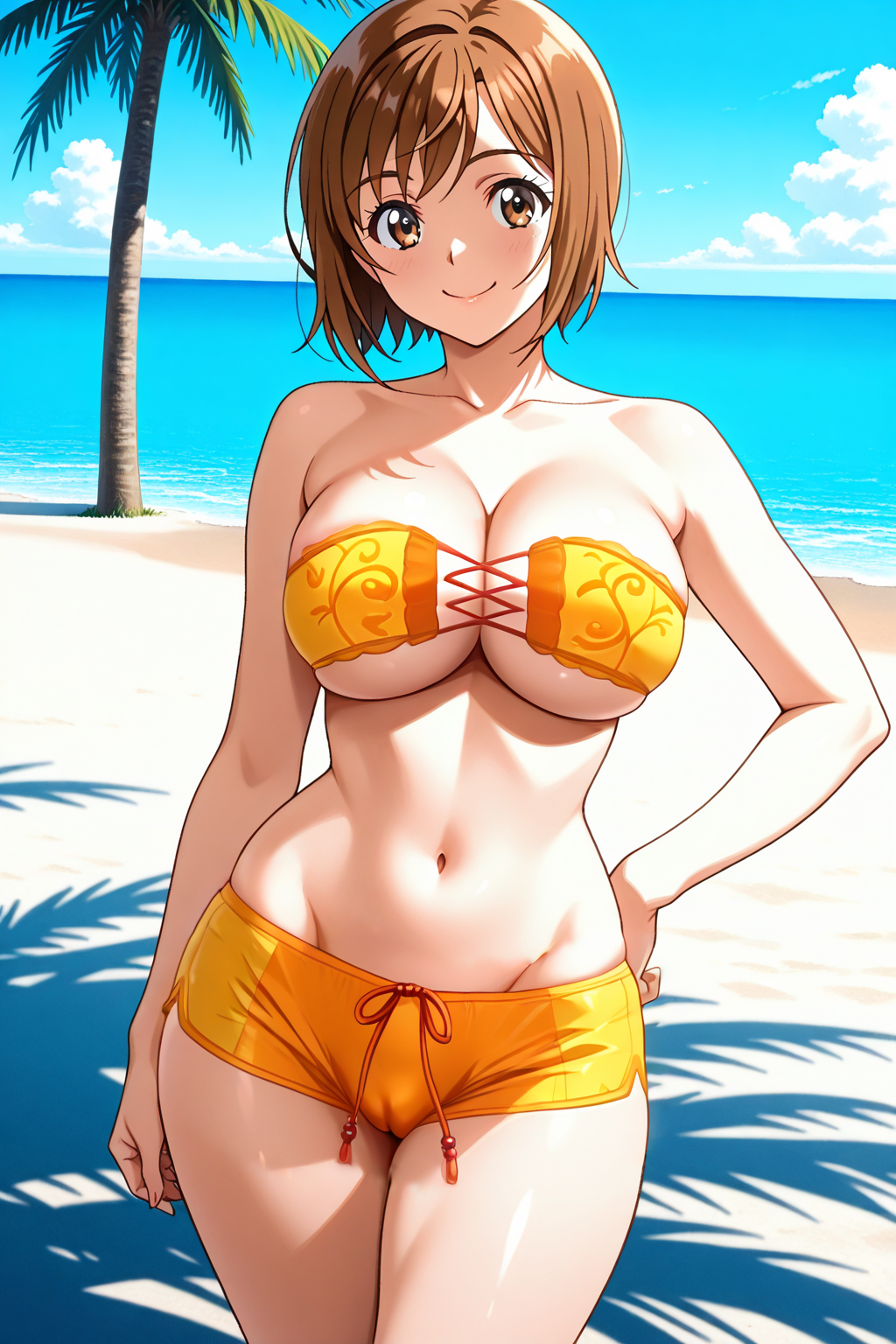 1girl ai-created ai_generated bare_arms bare_shoulders beach bikini bikini_shorts blue_sky blush breasts brown_eyes brown_hair cameltoe cleavage closed_mouth cloud collarbone cowboy_shot day devilman eyepatch_bikini female groin hand_on_own_hip horizon large_breasts looking_at_viewer miki_makimura navel ocean orange_bikini orange_shorts orange_swimsuit outdoors palm_tree pixiv rena_aikawa_(pixiv_user) sand shore short_hair short_shorts shorts sky smile solo stable_diffusion standing stomach strapless strapless_bikini swimsuit thighs tree underboob water yellow_shorts