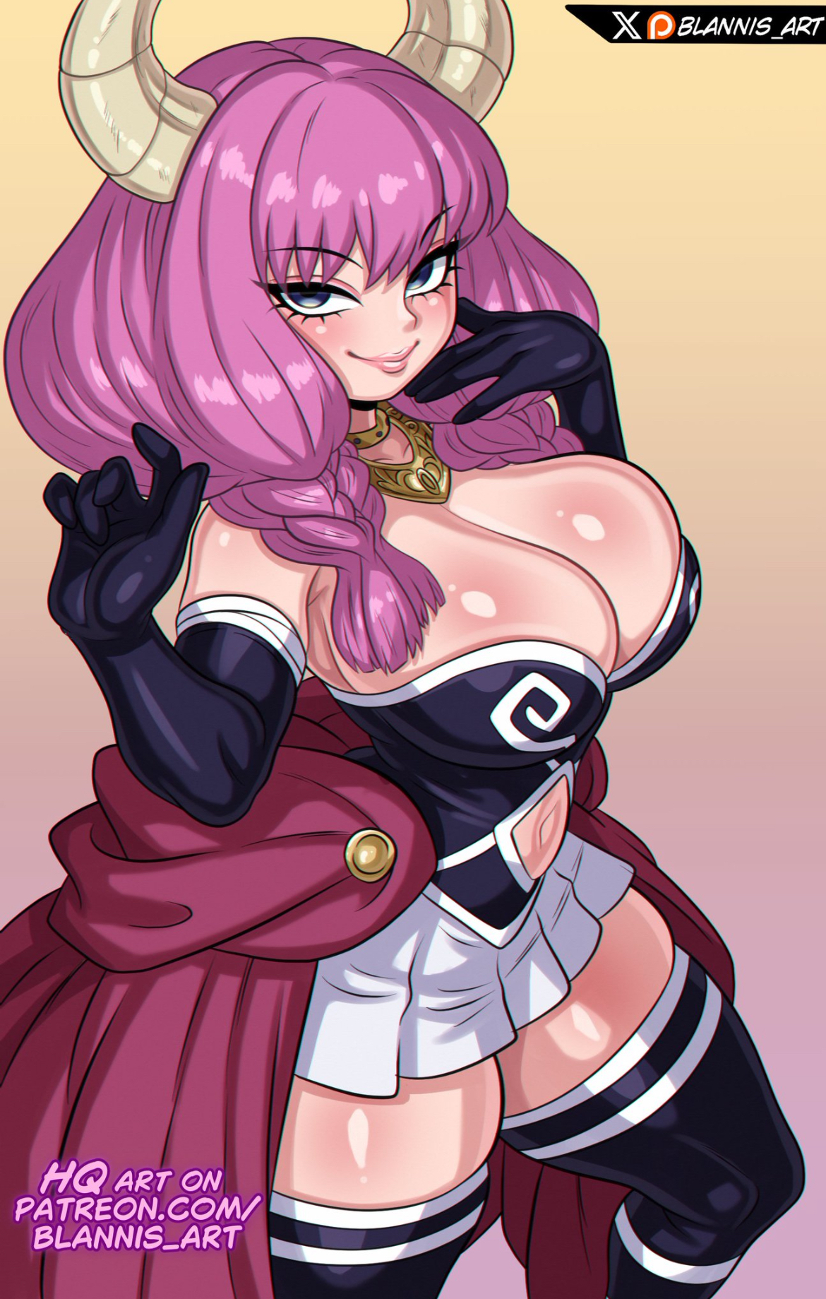 arm stockings, aura (sousou no frieren), belly window, big breasts, blannis art, braided hair, breasts, cleavage overflow, curvy female, demon, demoness, fancy clothing, female, female only, juicy lips, pink hair, sousou no frieren, thick thighs, wide hips