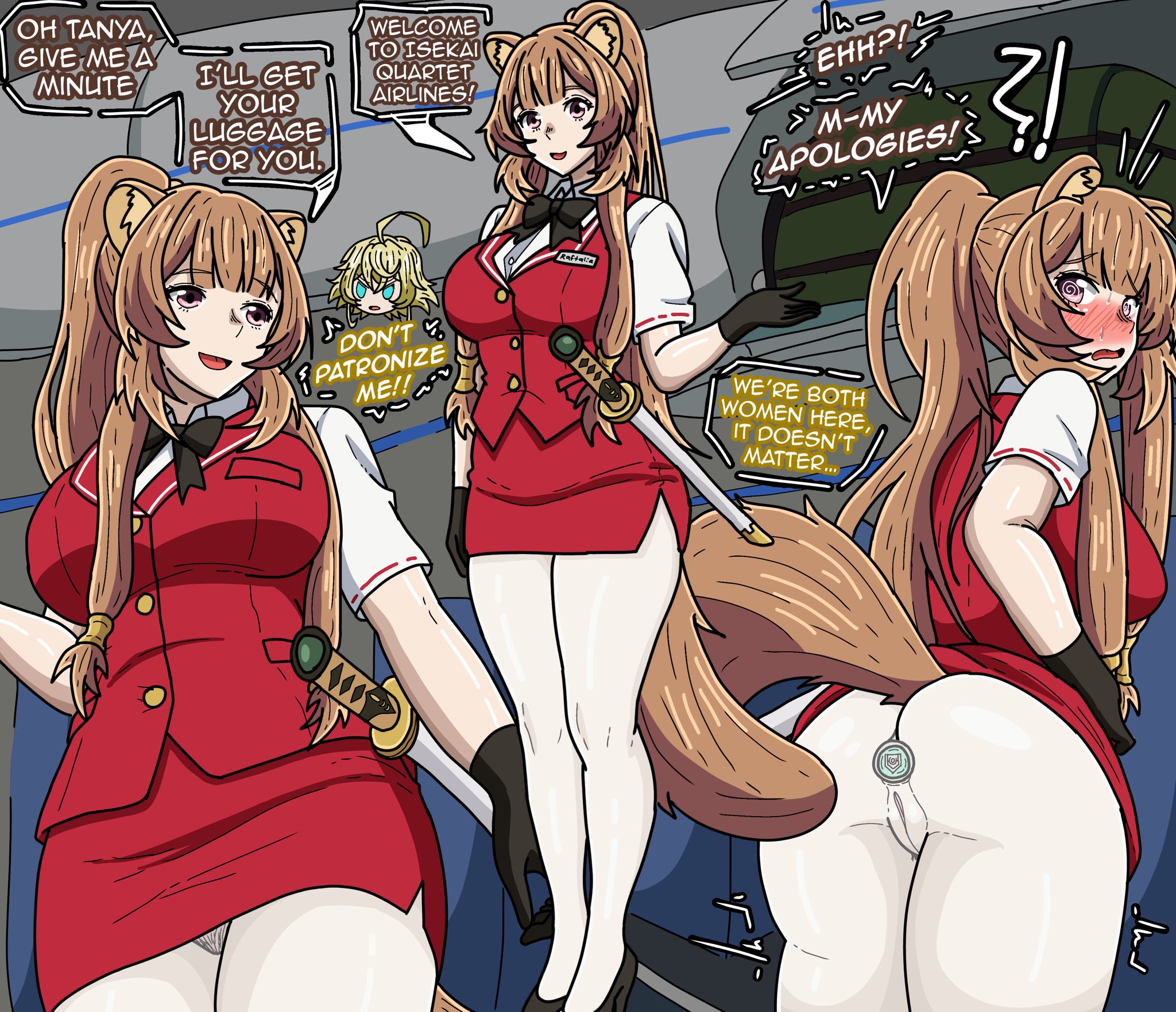 animal ears, animal tail, apoelayoshi7, ass, asshole, black gloves, breasts, brown eyes, brown eyes female, brown hair, butt, butthole, buttplug, có, clothing, english text, eyebrows visible through hair, female, flight attendant, gloves, isekai quartet, legs together, long hair, miniskirt, neck bow, neck ribbon, no panties, open mouth, pussy, raccoon girl, raphtalia, red skirt, sex toy, skirt, smile, stewardess, tail, tanya degurechaff, tate no yuusha no nariagari, text, the rising of the shield hero, thick thighs, thighs, uniform, vagina, wide hips, woman, youjo senki