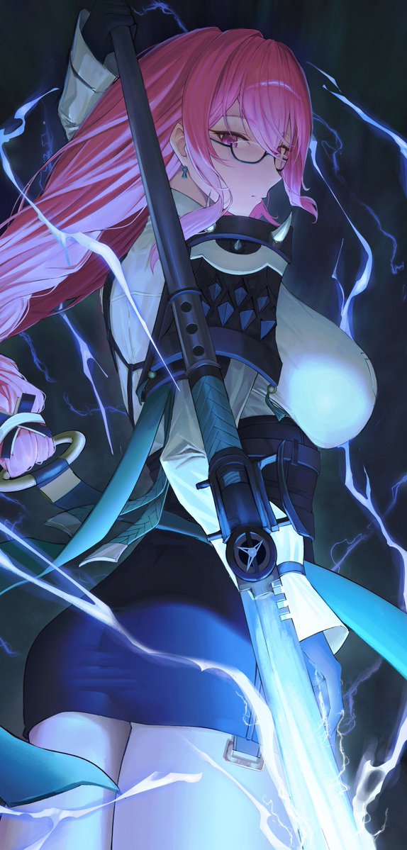 1girl, armor, ass, black gloves, black skirt, black-framed eyewear, breasts, chco, closed mouth, commentary, earrings, electricity, english commentary, from behind, glasses, gloves, high-waist skirt, hourglass earrings, jewelry, large breasts, long hair, miniskirt, naginata, pauldrons, pencil skirt, pink eyes, polearm, semi-rimless eyewear, shirt, shoulder armor, sidelocks, single pauldron, skirt, solo, standing, tsukishiro yanagi, weapon, white shirt, zenless zone zero