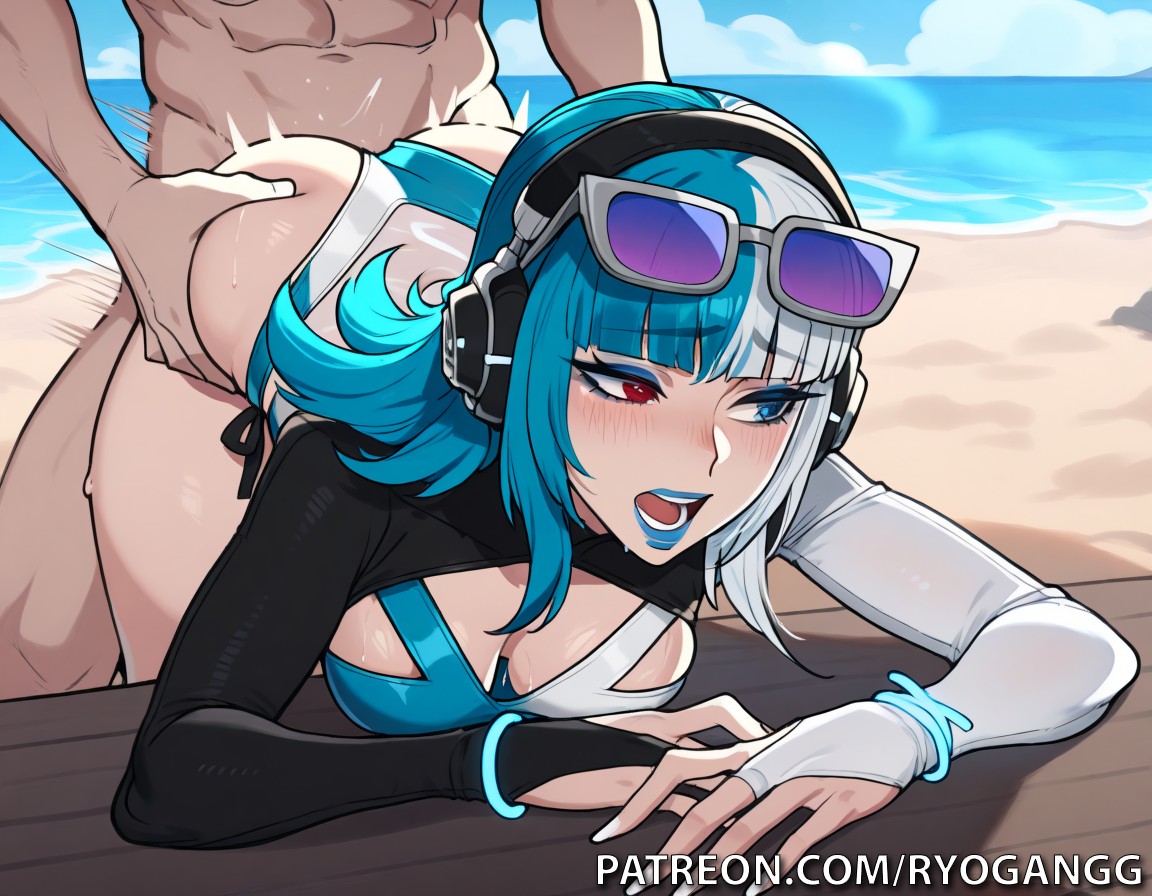 1female, 1girls, 2d, 2d (artwork), ai generated, alternate breast size, bikini, blue eyes, blue-haired female, breasts, female, fucking, glasses, heterochromia, high resolution, highres, large breasts, light skin, light-skinned female, luna snow, luna snow (cool summer), luna snow (marvel rivals), marvel, marvel comics, marvel rivals, multicolored hair, patreon username, red eyes, ryogangg, sex, sunglasses, white hair female