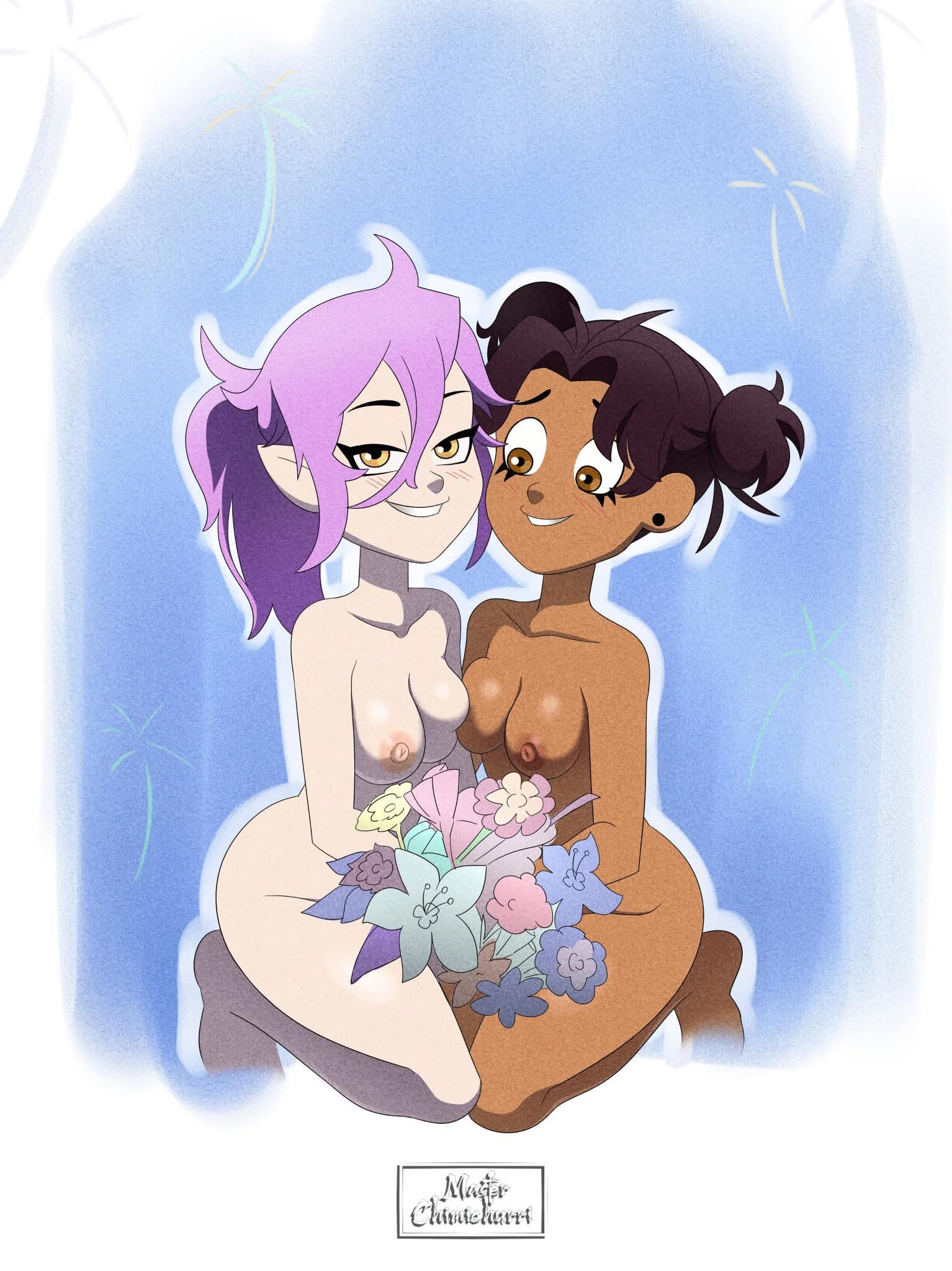 2girls, amity blight, breasts, brown eyes, brown hair, brown hair female, canon couple, female, female only, flowers, luz noceda, master chimichurri, multiple girls, nude female, on knees, purple hair, purple hair female, the owl house, the owl house (finale), the owl house the long lived king, yellow eyes