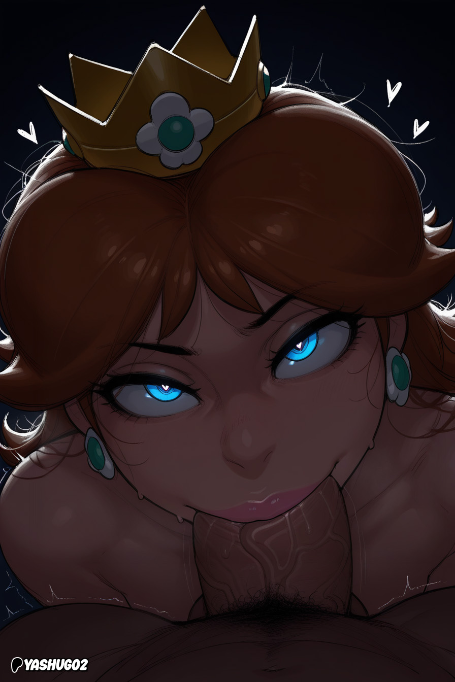 1boy, 1girls, ai generated, big penis, blue eyes, breasts, brown hair, crown, duo, earrings, enormous penis, erection, faceless male, female, female focus, flower earrings, genitals, gigantic penis, huge cock, human, humanoid, large penis, light skin, light-skinned female, light-skinned male, lipstick, looking at viewer, luigi, male, male/female, mario (series), massive penis, mature, mature female, mature male, nintendo, nude, nude female, nude male, oral, oral sex, penis, penis in mouth, princess, princess daisy, royalty, straight, thick penis, unseen male face, veins, veiny penis, yashugai