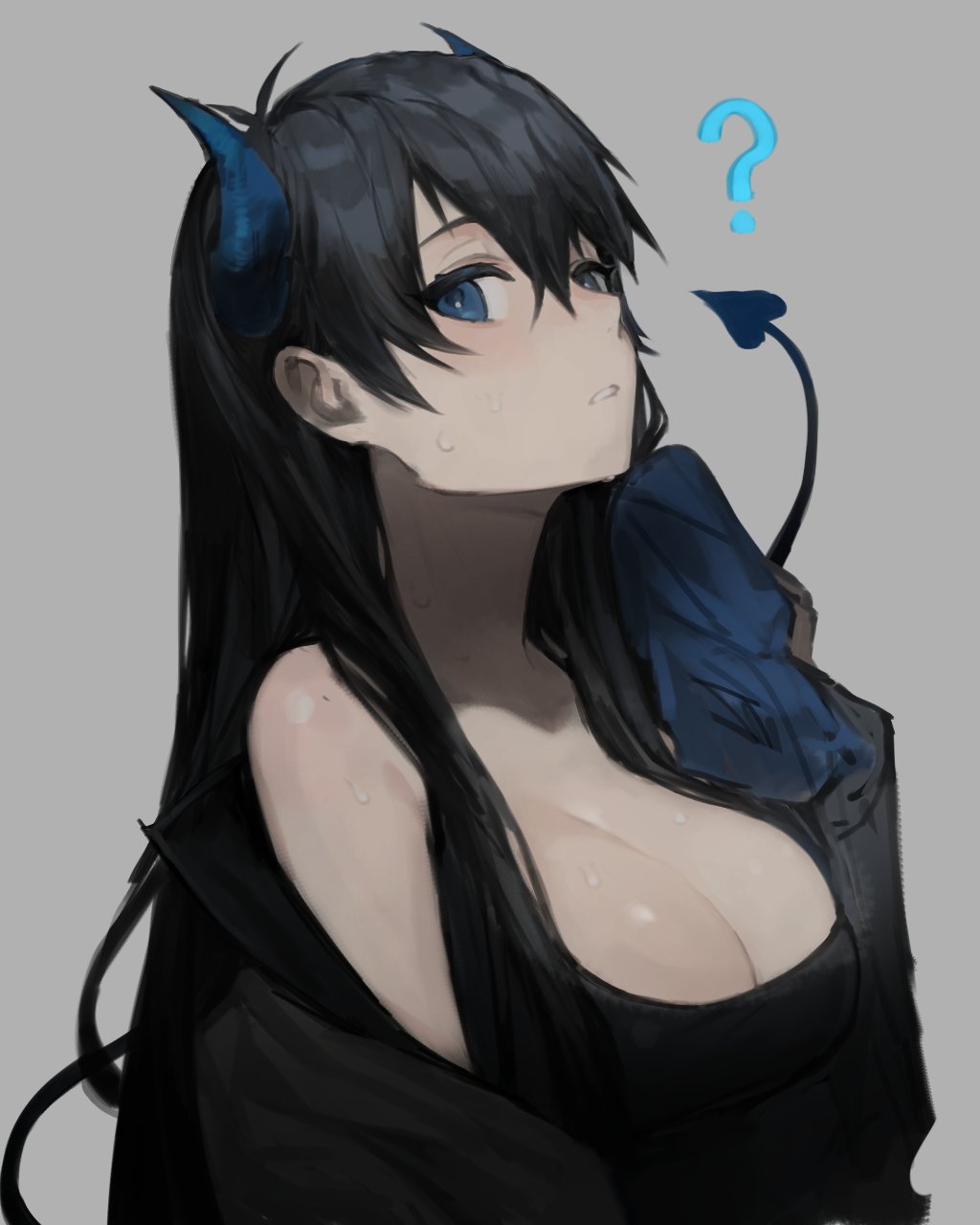 big breasts, black hair, blue eyes, blue lock, cute, cute face, cute female, demon girl, demon horns, demon tail, female, female focus, female only, frabilovelove, isagi yoichi, long hair, rule 63
