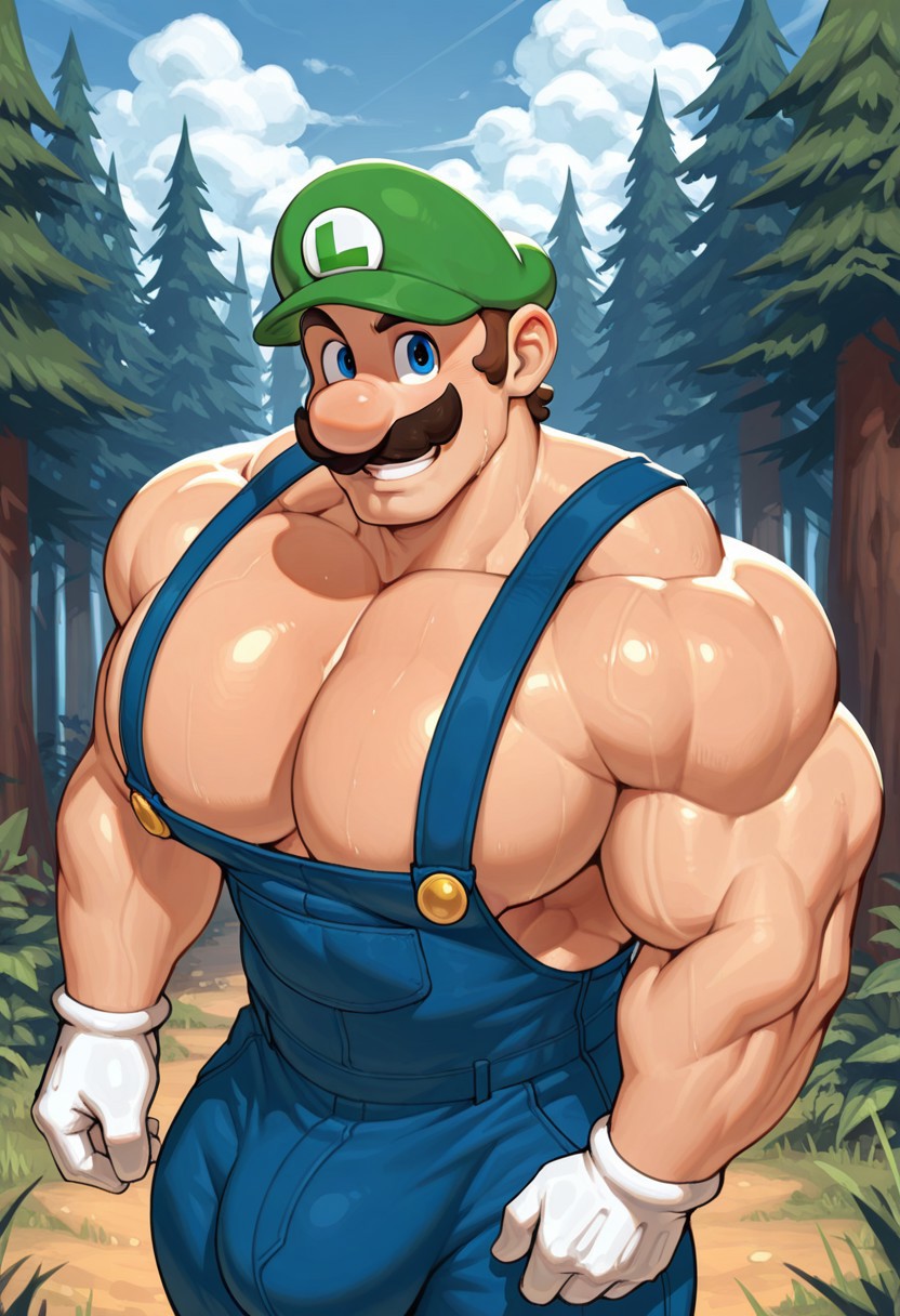 1boy ai_generated biceps big_bulge blue_eyes blue_overalls bulge clothing daddy dilf erection facial_hair gigantic_bulge gloves green_hat hat huge_bulge humanoid humanoid_male large_bulge light-skinned_male light_skin looking_at_viewer luigi male male_only mammal mario_(series) mature mature_male muscles muscular muscular_male nintendo outdoors overalls smiling smiling_at_viewer solo solo_focus solo_male trees white_gloves