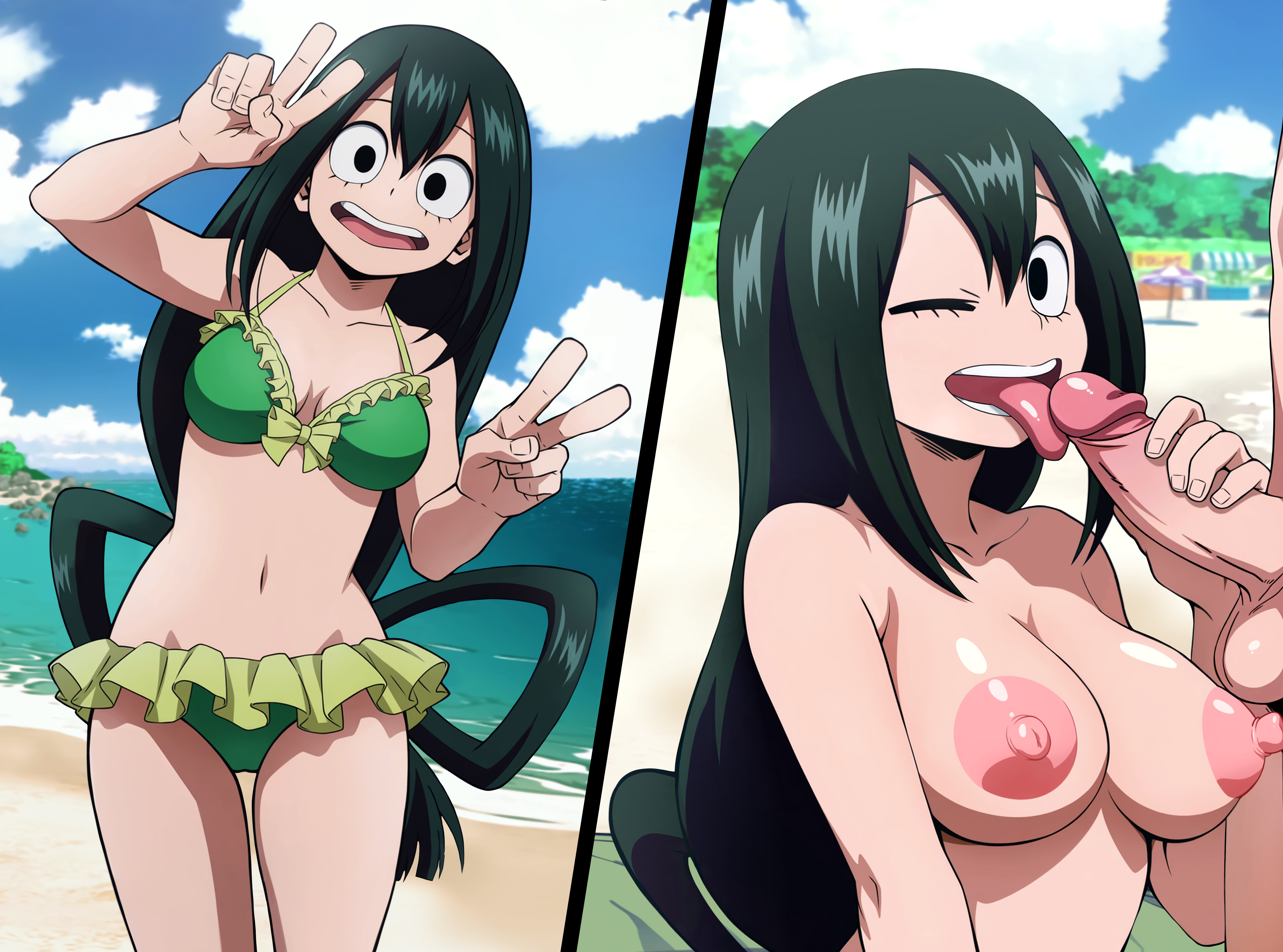 1girl1boy, absurd res, alternate version available, asui tsuyu, beach, bikini, bikini bottom, bikini top, blowjob, boku no hero academia, female focus, frog girl, green hair, light-skinned female, light-skinned male, my hero academia, nipples, outdoor nudity, outdoor sex, outdoors, public nudity, public sex, smiling at viewer, swimsuit, teenage girl, teenager, tsuyu asui