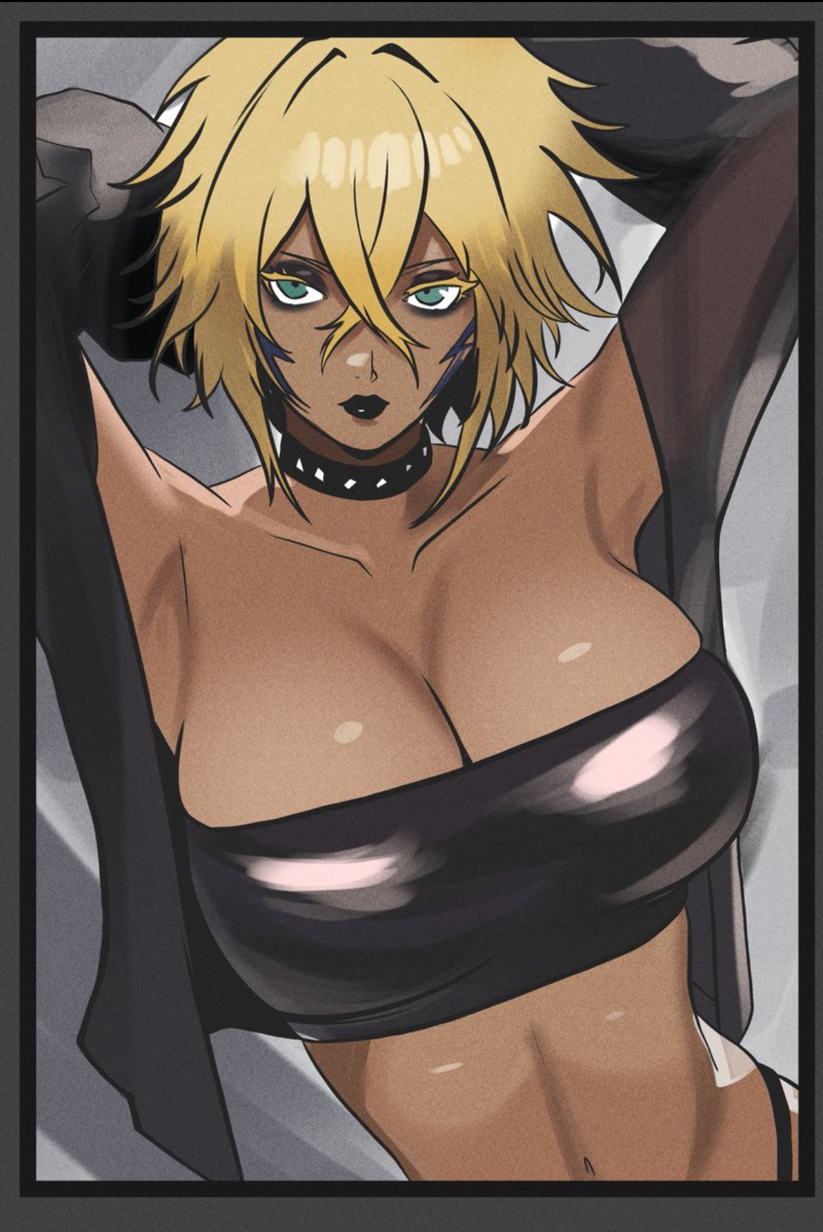 armpits, arms up, belly, big breasts, bleach, blonde hair, breasts, curvy female, dark-skinned female, female, female only, goth girl, gothic, markings on face, midriff, solo, tia harribel, windriftdraws