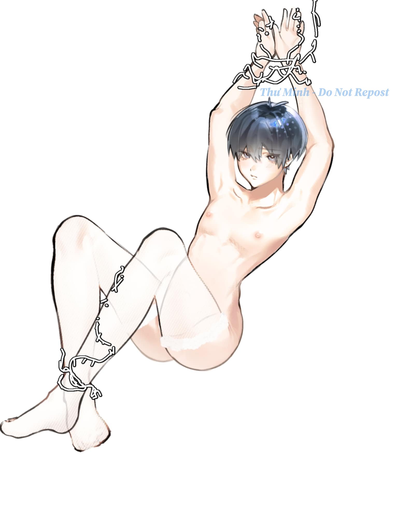 black hair, blue eyes, blue lock, cute, cute face, cute male, femboy, foot focus, isagi yoichi, light skin, naked, nipples, otoko no ko, otokonoko, pink nipples, skinny male, smaller male, unknown artist
