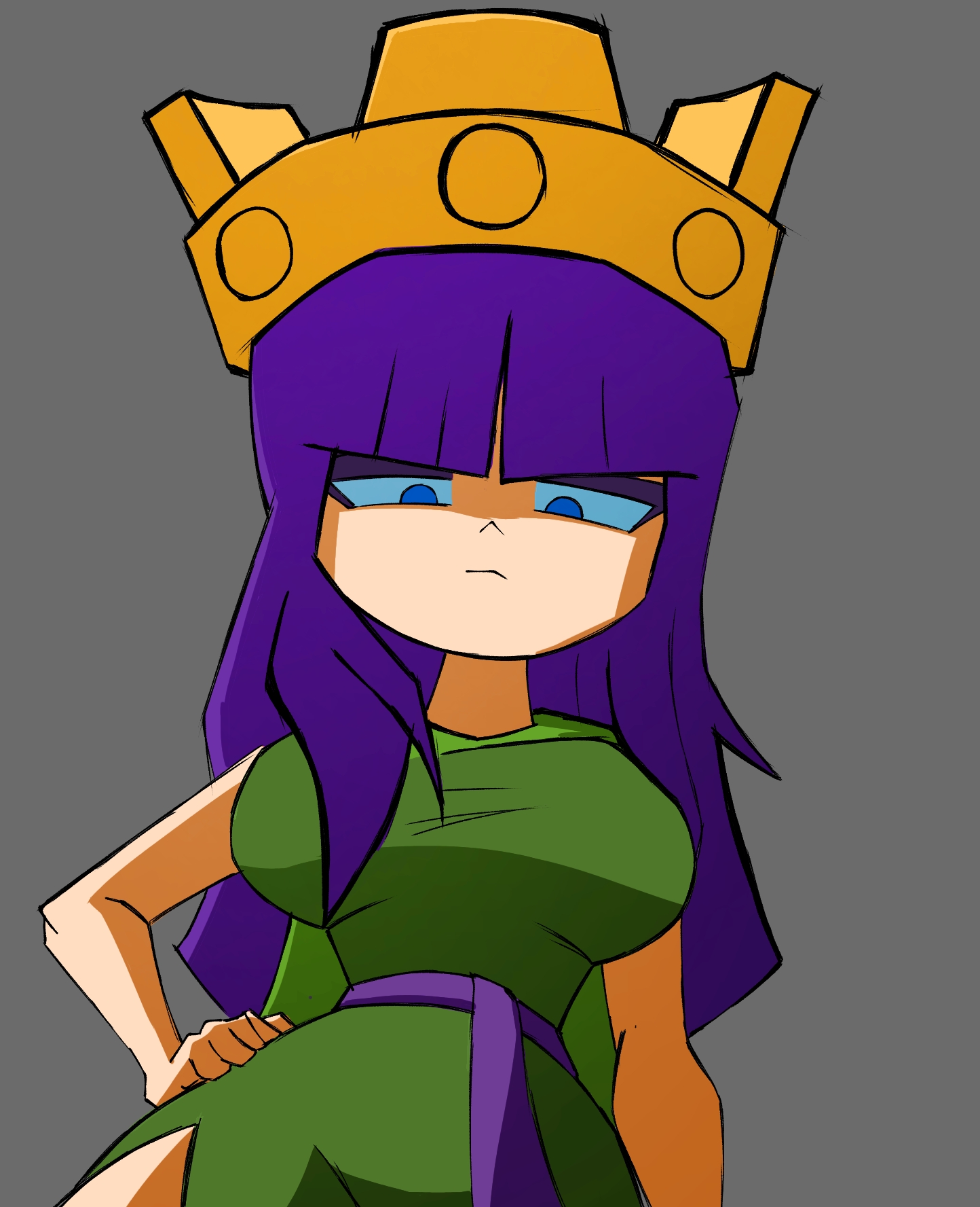 archer queen (clash of clans), big breasts, blue eyes, breekn, brikmk, clash (series), clash royale, dress, from below, long hair, purple hair, standing, supercell