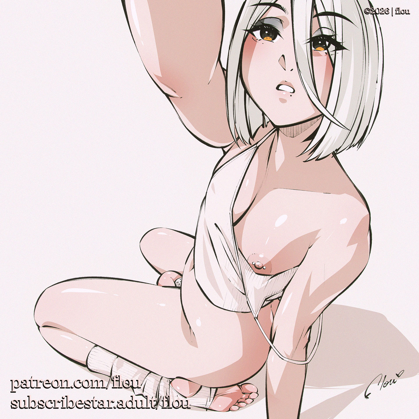 1boy, 2026, 2d, artist name, balls, ballsack, bare shoulders, beauty mark, bottomless, bottomless male, chastity, chastity cage, chastity device, clothing, cock, collarbone, dick, femboy, feminine male, flat chastity cage, flou, flou (character), genitals, hi res, highres, male, male only, mole, mole under mouth, nipple piercing, nipples, original, original character, patreon, patreon url, patreon username, penis, pierced nipples, piercing, piercings, pov, short hair, small penis, solo, solo femboy, solo male, stirrup legwear, stirrup socks, stirrups, subscribestar, subscribestar username, testicles, trap, watermark, white hair