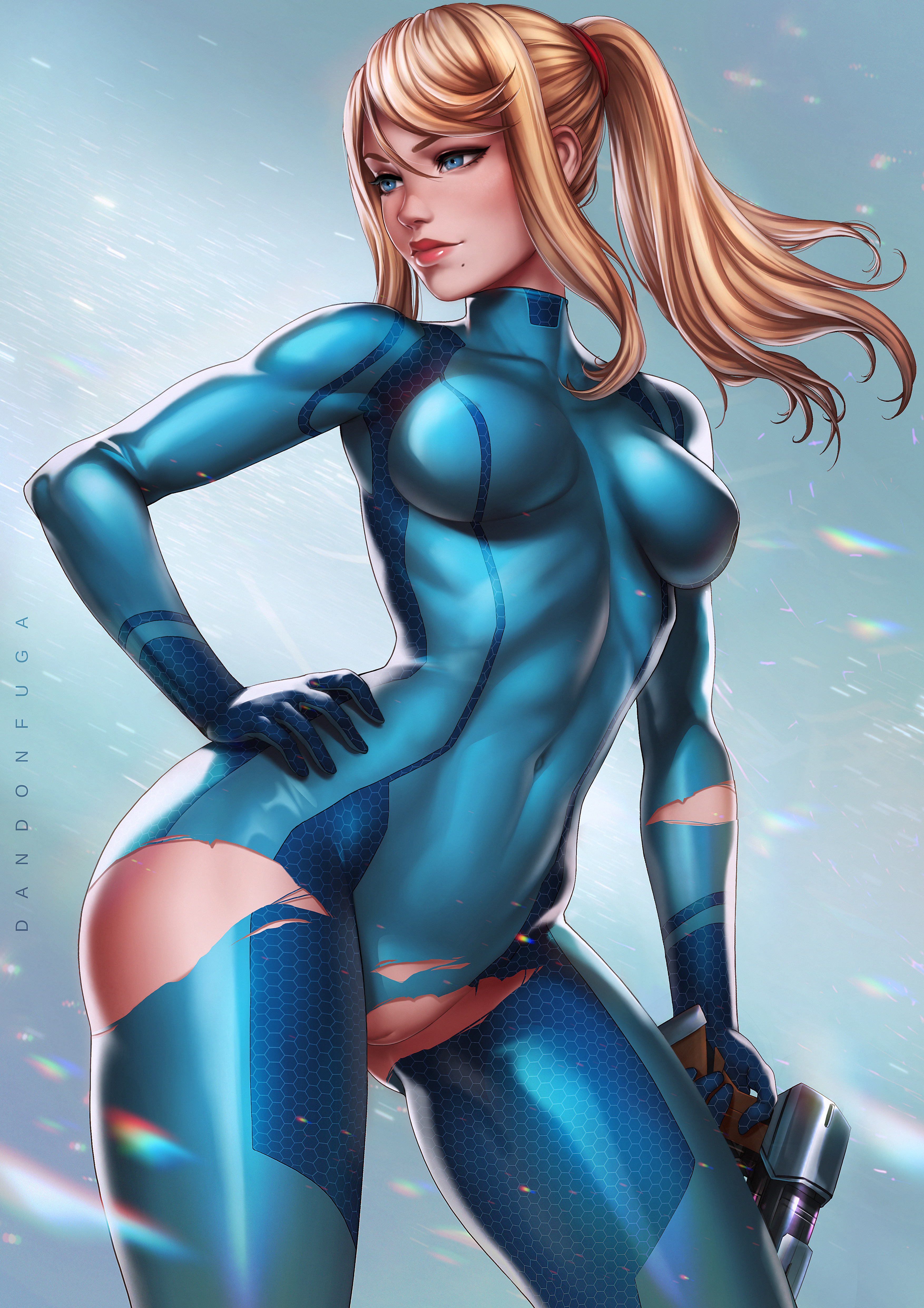 absurdres, artist name, beauty mark, blonde hair, blue eyes, bodysuit, breasts, covered navel, cowboy shot, crotch cutout, curvy, dandon fuga, eyelashes, female, female only, gun, hairless pussy, hand on hip, handgun, highres, holding weapon, human, large breasts, lipstick, long hair, metroid, mole, nintendo, ponytail, pussy, ranged weapon, ripped clothes, ripped clothing, samus aran, sidelocks, solo, standing, tied hair, tight clothes, toned, torn clothes, torn clothing, weapon, zero suit, zero suit samus