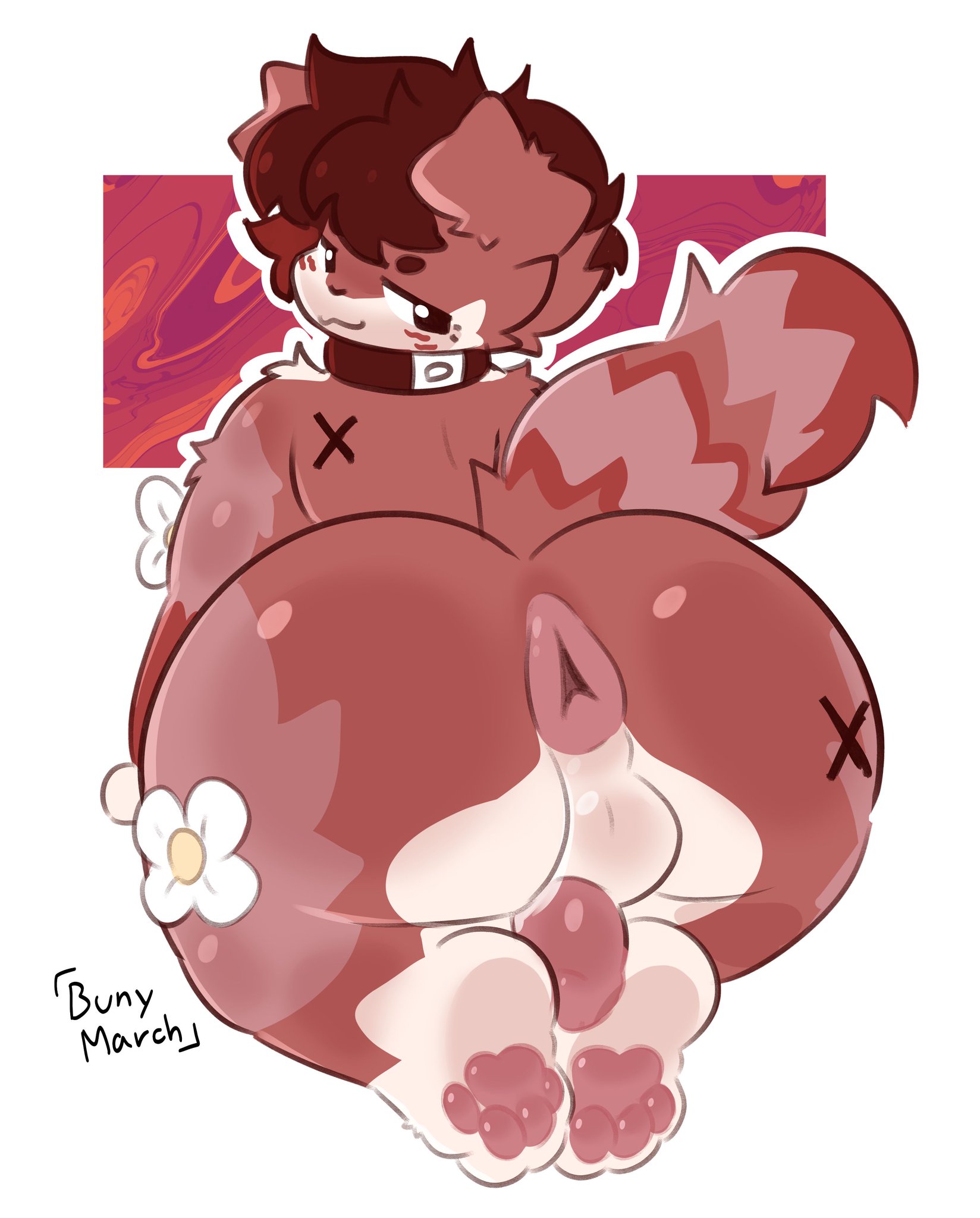 ass, ass focus, asshole, asshole opened wide, blush, blush lines, bunymarch42, collar, dog, dog ears, femboy, furry, furry male, looking at viewer, looking back, oc, paws, sitting, tail, tail markings, thick ass, thick thighs, thighs
