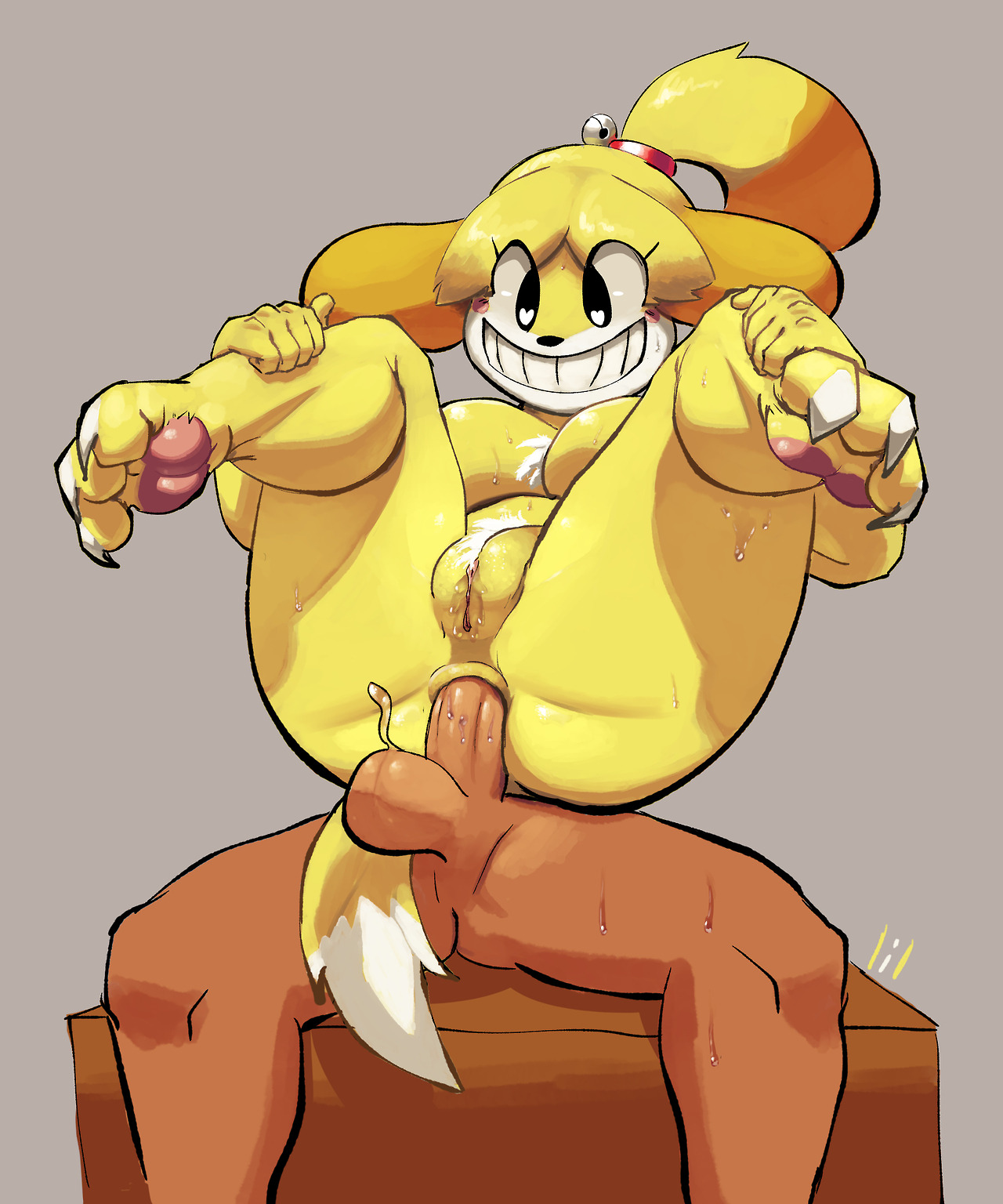 anal, animal crossing, anus, ass, balls, breasts, female, fur, isabelle (animal crossing), lilmoonie, male, nintendo, penis, pubic hair, pussy, simple background, year request