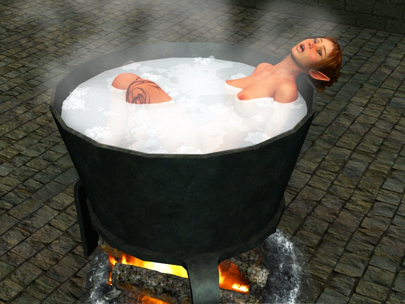 3d boiled_alive boiling cauldron completely_nude_female cooking demontroll elf female female_only fire firewood gynophagia in_container long_pointy_ears masochist medium_breasts moaning nipples nude partially_submerged red_hair redhead running_bond solo stone_floor tattoo torture wet