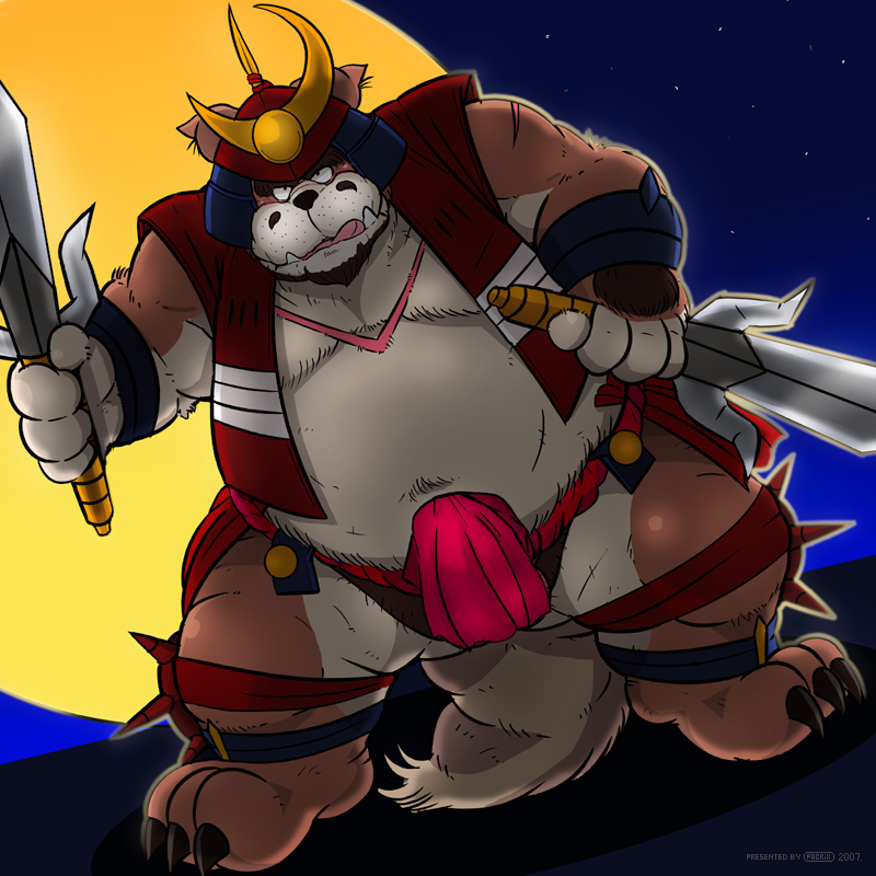 2007 anthro belly bulge canine clothing fundoshi hat japanese_clothing male male_only mammal melee_weapon norataro overweight overweight_male solo sword underwear weapon