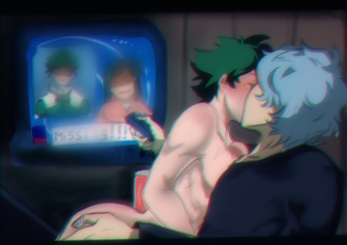 2boys, 2d, artist request, bandage, bandaged fingers, blue hair, blurry, blush, boku no hero academia, clothed male, completely nude, completely nude male, deku, eyes closed, freckles, freckles on face, gay, gay male, green hair, indoors, inko midoriya, izuku midoriya, kidnapped, kissing, light skin, light-skinned male, male, male only, midoriya izuku, muscular, muscular male, my hero academia, naked, news report, obscured face, remote control, shigaraki tomura, sitting on lap, tv, tv remote, yaoi