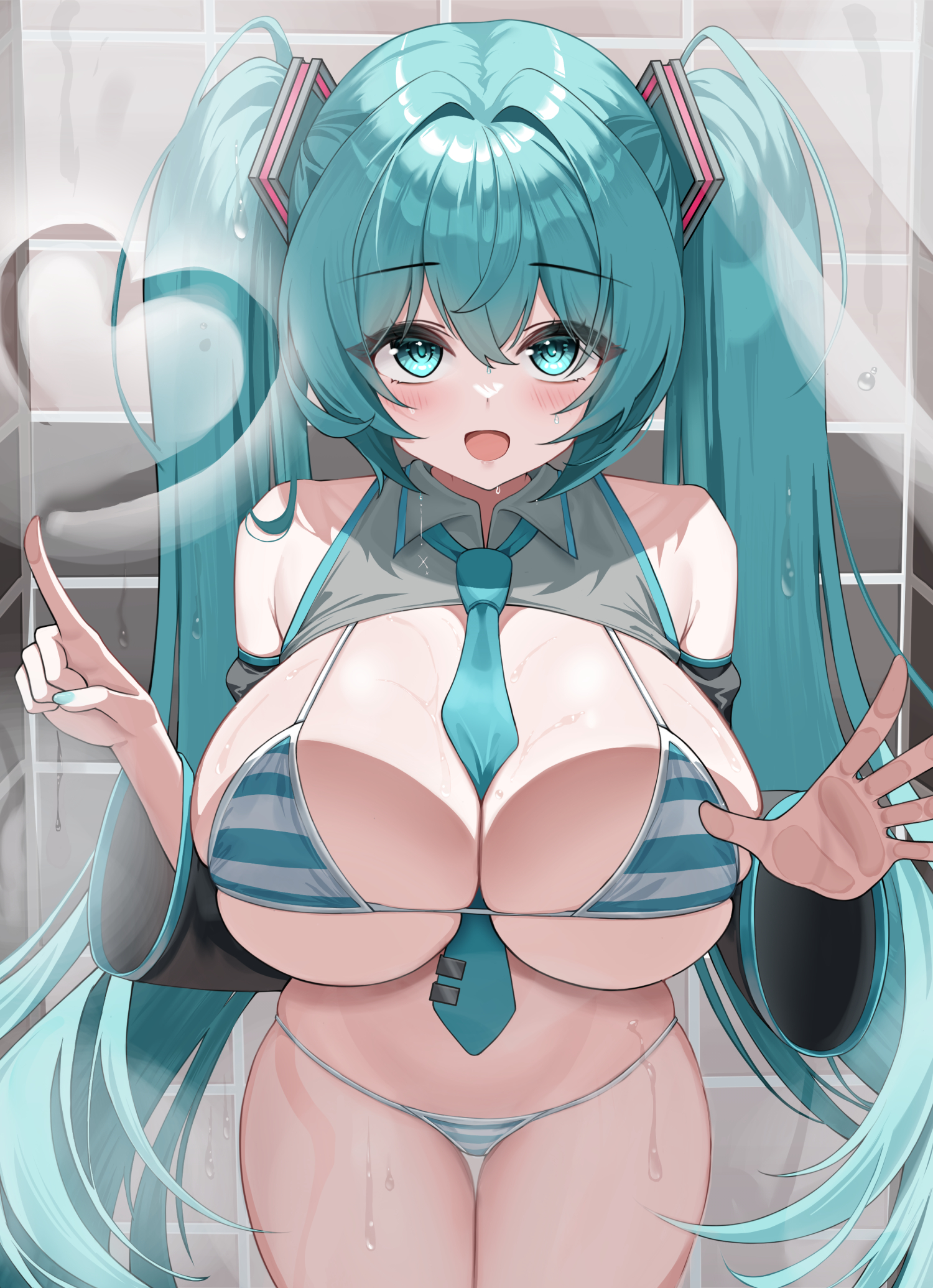 1girl, absurdres, against glass, aqua eyes, aqua hair, aqua nails, aqua necktie, bare shoulders, bathroom, bikini, blush, breast press, breasts, breasts on glass, cleavage, collared shirt, commentary, drawn heart, glass writing, grey shirt, hair intakes, hair ornament, hand on glass, hatsune miku, hatsune miku (collared bikini), heart, highres, indoors, large breasts, long hair, long sleeves, looking at viewer, nail polish, nannanana3939, necktie, open mouth, shirt, sideboob, smile, solo, standing, string bikini, striped bikini, striped clothes, swimsuit, thighs, tile wall, tiles, twintails, twitter link, underboob, very long hair, vocaloid, water, water drop, wet, white bikini