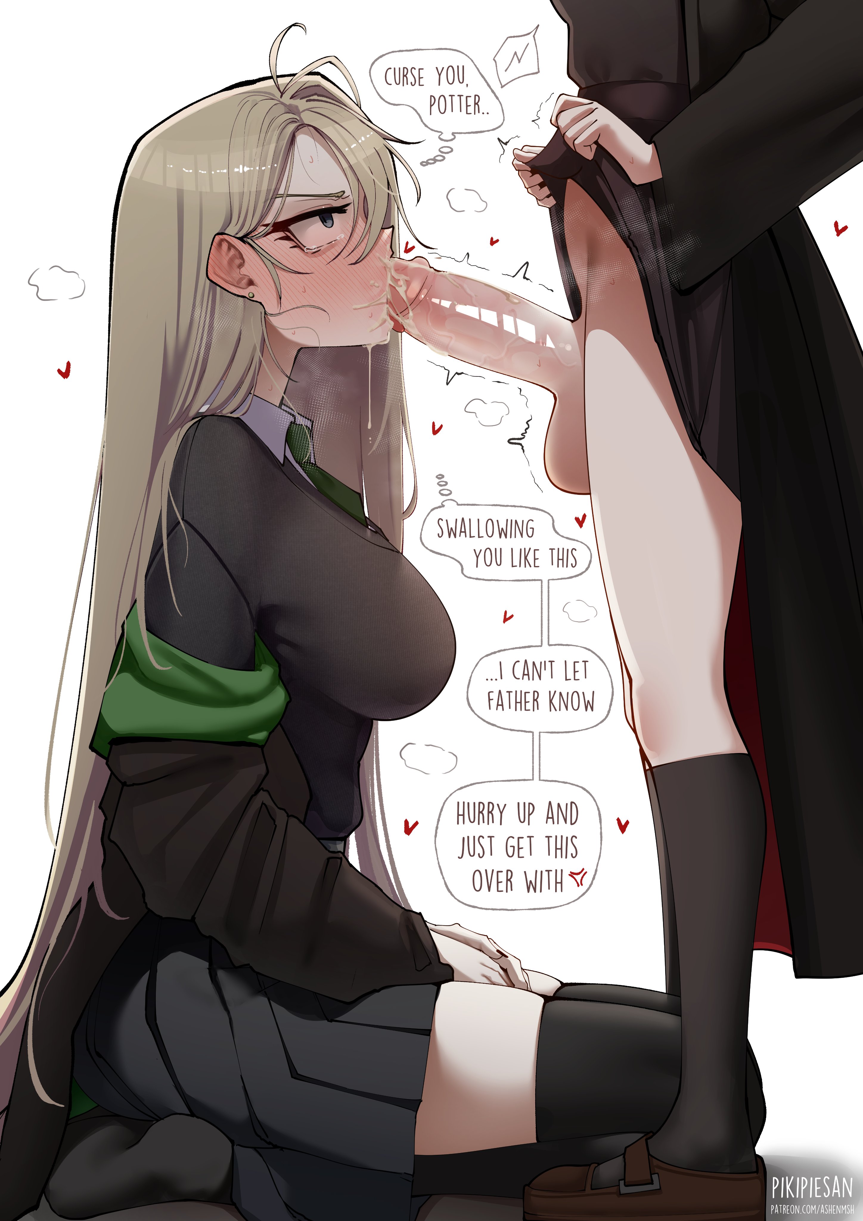 1futa, 1girls, anger vein, angry, ashenmash, asymmetrical hair, big breasts, big penis, black socks, blonde eyebrows, blonde hair, blowjob, blush, draco malfoy, dress, dress lift, english text, female, full-face blush, futa on female, futanari, genderbend, genderswap, hair behind ear, harry james potter, harry potter, hearts, heavy blush, kneeling, large penis, light skin, light-skinned female, loafers, looking at partner, looking up, looking up at partner, mascara, meme, oral, oral sex, penis, penis in mouth, rule 63, school uniform, schoolgirl, secretly loves it, sitting, skirt, skirt lift, socks, steamy, stud earrings, submissive, sucking penis, sweater, text, thighs, thought bubble, tsundere, white background