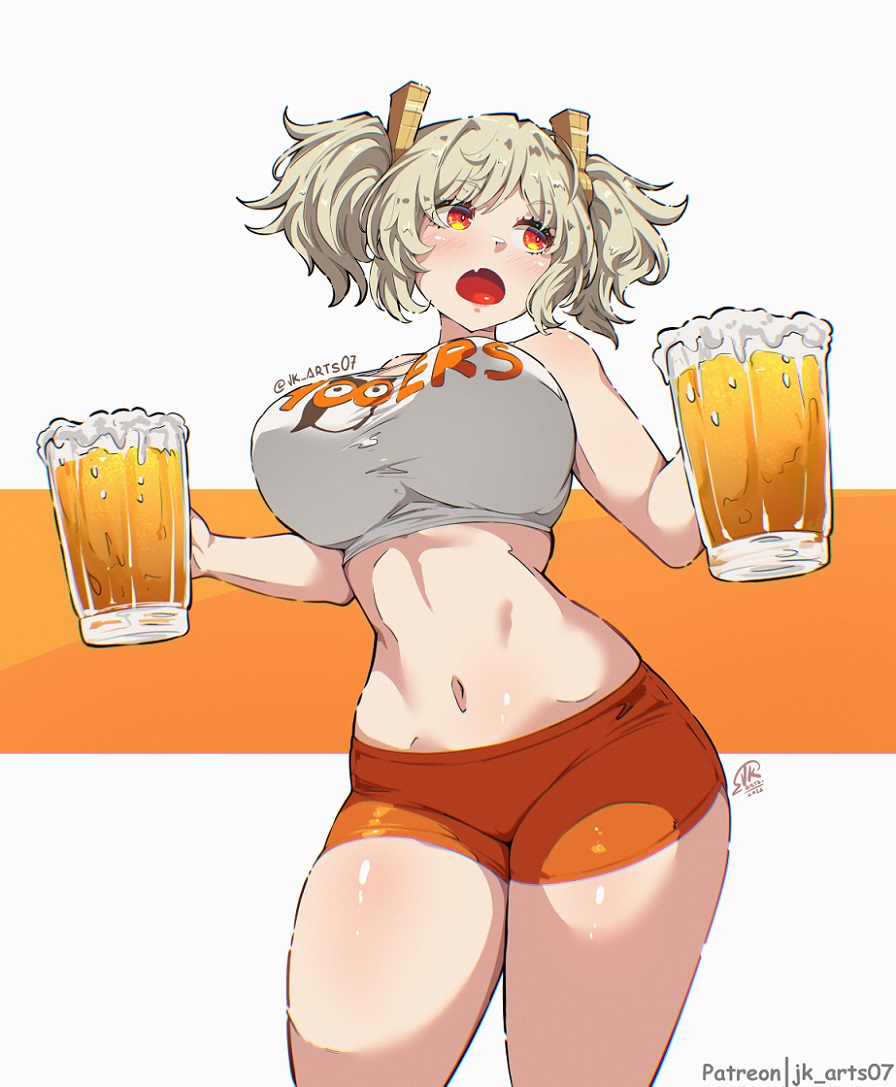 1girls, bare midriff, bare thighs, beer, big breasts, blonde hair, burnice white, hooters, hooters uniform, hoyoverse, huge breasts, jk arts07, navel, red eyes, solo, solo female, tagme, thick thighs, zenless zone zero