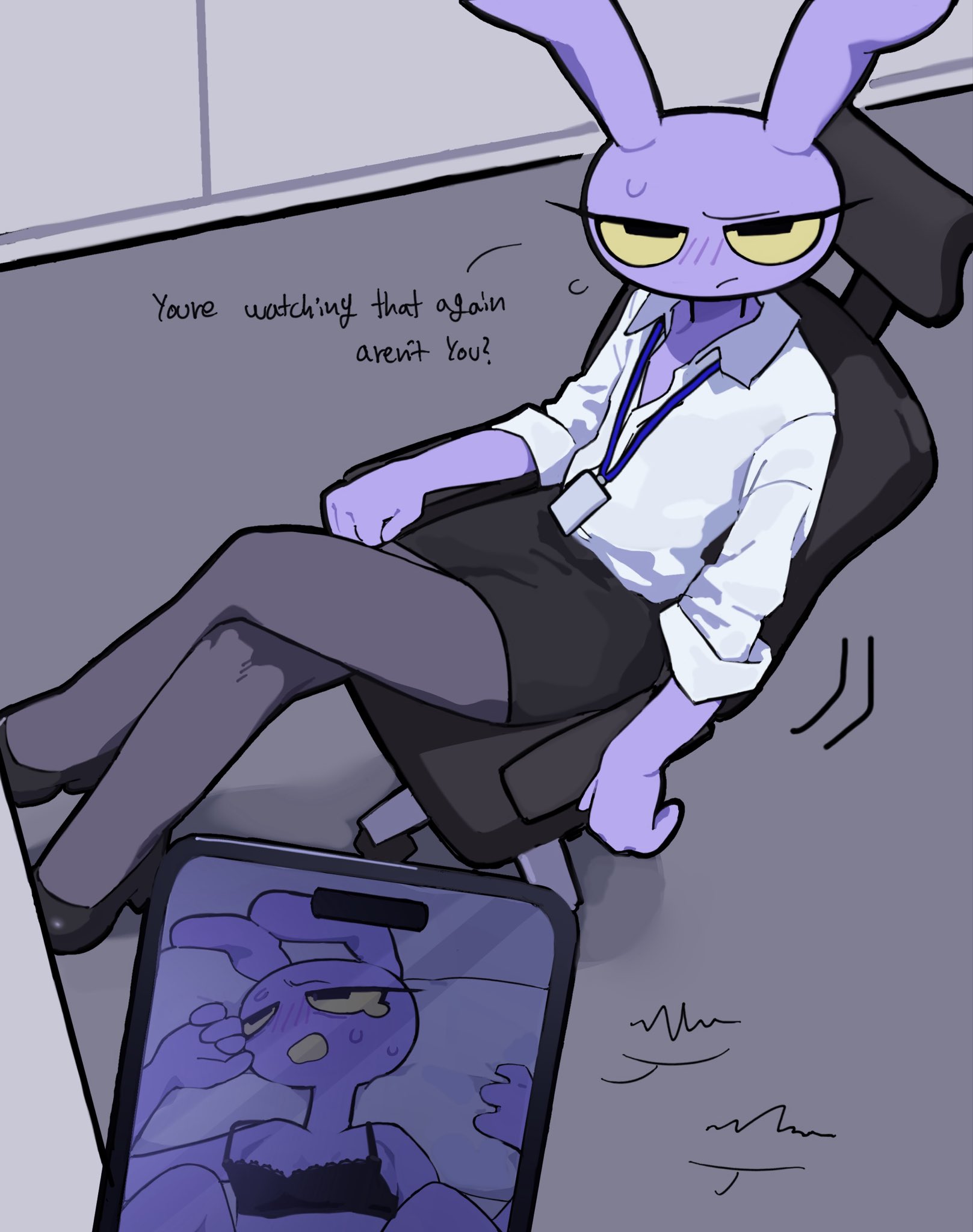 1girls, 2026, 2d, artist request, blouse, blush, blushing, blushing female, bra, bunny, bunny girl, clothed, clothing, english text, female, female jax, female only, furry, furry female, glitch productions, heels, implied sex, jax (the amazing digital circus), legs crossed, looking at viewer, office clothing, pantyhose, photo comparison, public reminder, purple body, ruined reputation, secretary, text, the amazing digital circus