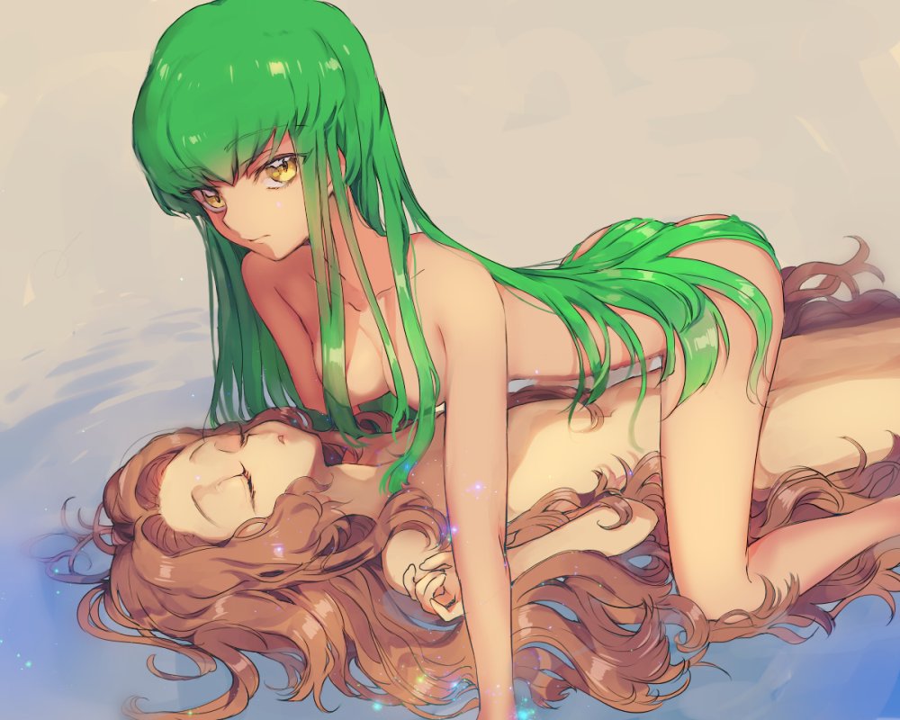 2girls ass brown_hair c.c. closed_eyes code_geass curly_hair green_hair long_hair looking_at_viewer multiple_girls nude nunnally_lamperouge white_background yellow_eyes yuri