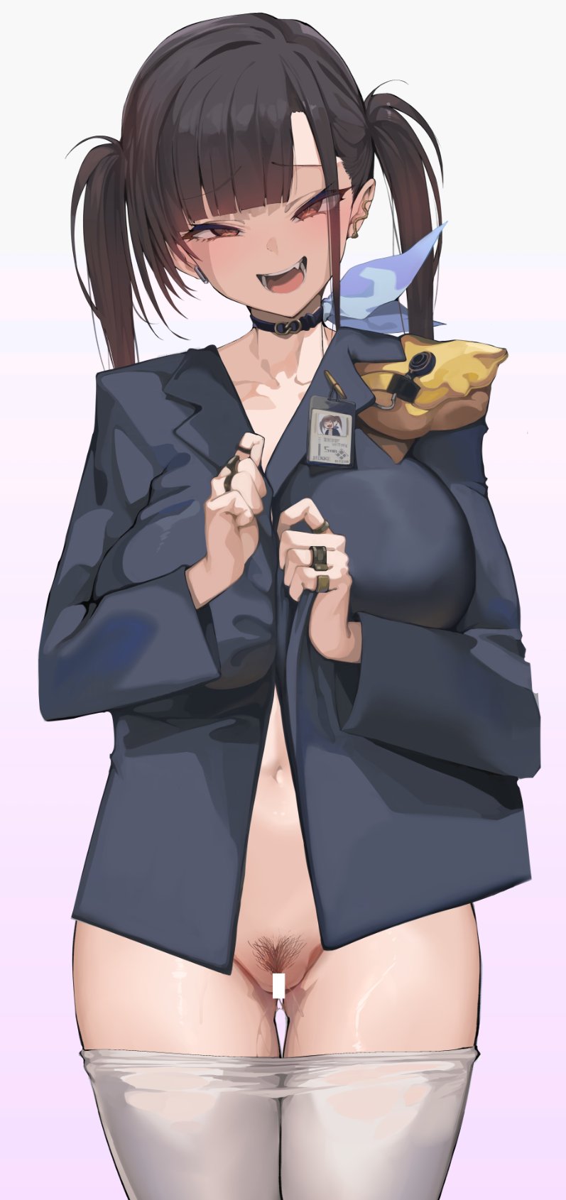 1girls, bar censor, black choker, black hair, black pubic hair, blue jacket, bottomless, censored, choker, clothes pull, cowboy shot, earrings, fang, female pubic hair, goddess of victory: nikke, jacket, looking at viewer, multiple rings, naked jacket, naughty face, navel, open mouth, pantyhose, pantyhose pull, pubic hair, pussy, red eyes, rings, satou daiji, simple background, single earring, smile, solo, sora (nikke), standing, thigh gap, twintails, white background, white pantyhose