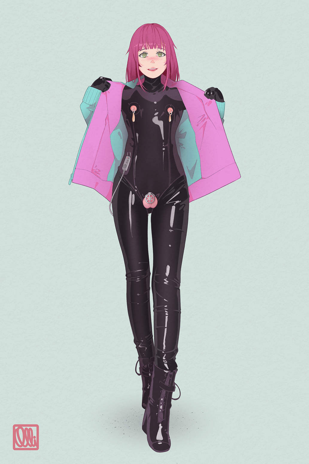 2021, 2d, artist signature, boots, chastity, chastity cage, chastity device, exhibitionism, exposed nipples, femboy, feminine male, grey eyes, latex, male, nipple piercing, nipples, olliolli30, piercing, purple hair, sissy, solo, tagme, trap