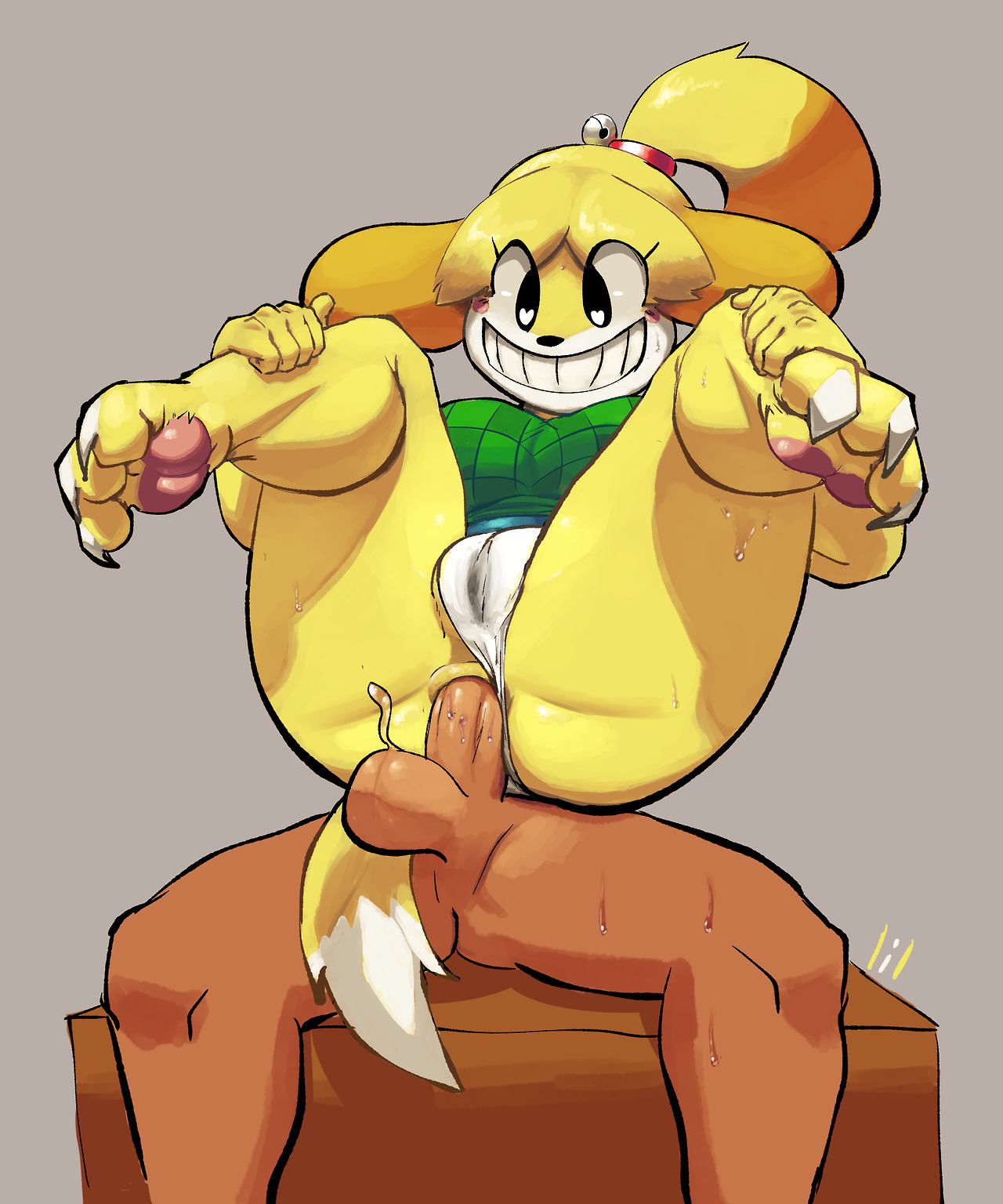anal, animal crossing, anthro, anus, ass, balls, female, isabelle (animal crossing), lilmoonie, male, nintendo, penis, pubic hair, pussy, simple background, year request